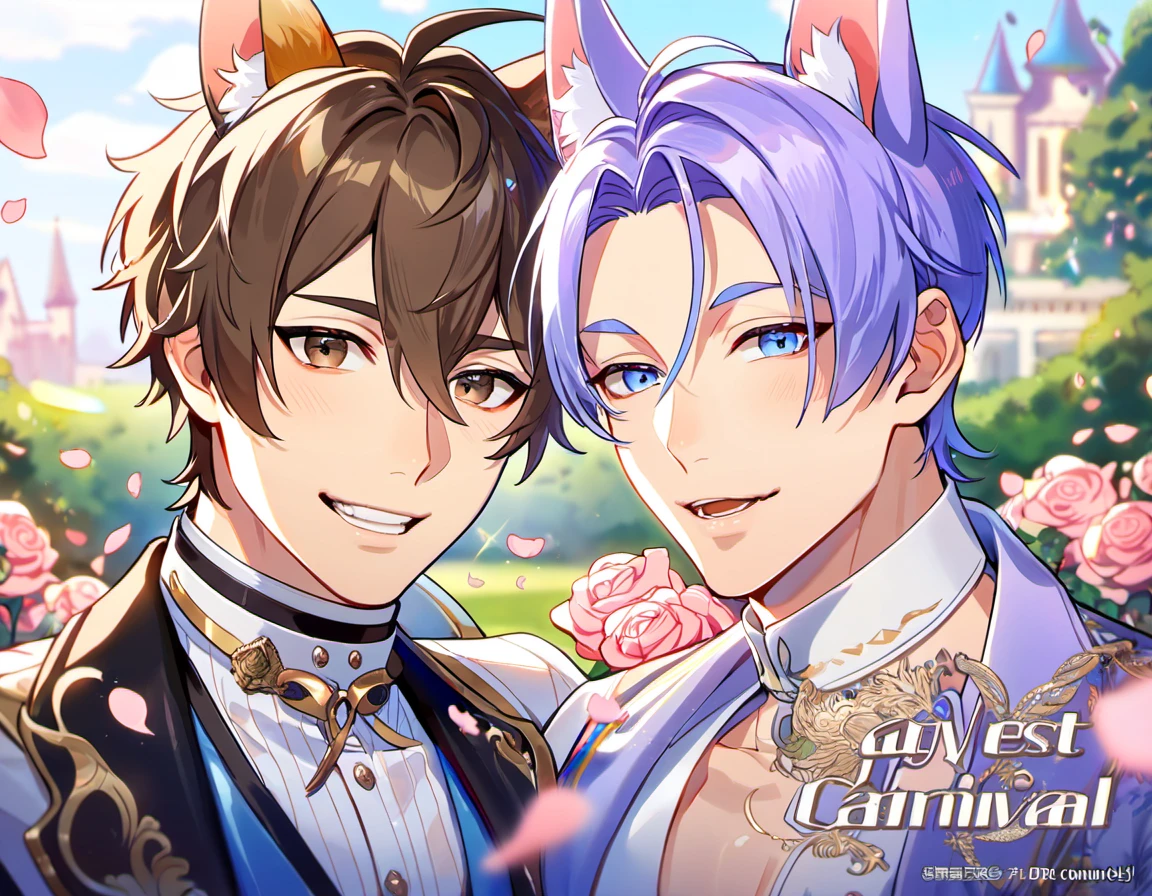 absurdres, highres, ultra detailed, HDR, master piece, best quality, perfect face, beautiful eyes, delicate features, Eiden, brown hair, expressive brown eyes, Nu Carnival, Kuya, light-purple hair, expressive blue eyes, fox ears, two men together, gay couple, handsome, fantasy clothes, castle, garden, pink roses, petals