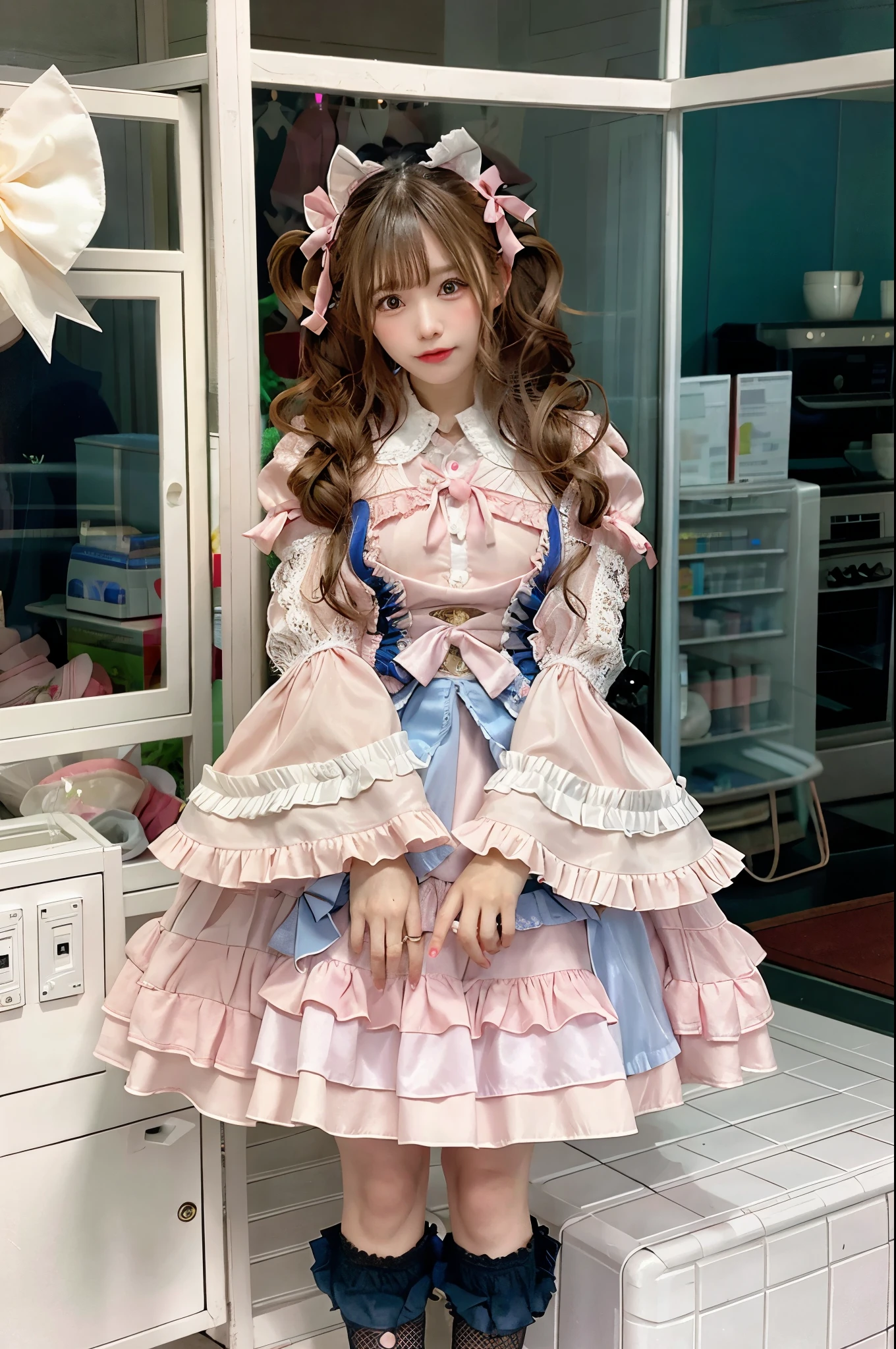 Blonde girl in pink satIn a dress standing in front of pink fridge, Rococo frill dress, Lolita Style, Magical Lolita Girl Portrait, Lolita Fashion, Cute as an angel, Belle Delphine, Rococo Dress,  In a dress, magical girl style, ビクトリア朝のゴシックLolita Fashion, Portrait of a Radical Lolita Girl, anime barbie doll, Anime Girl Cosplay, 