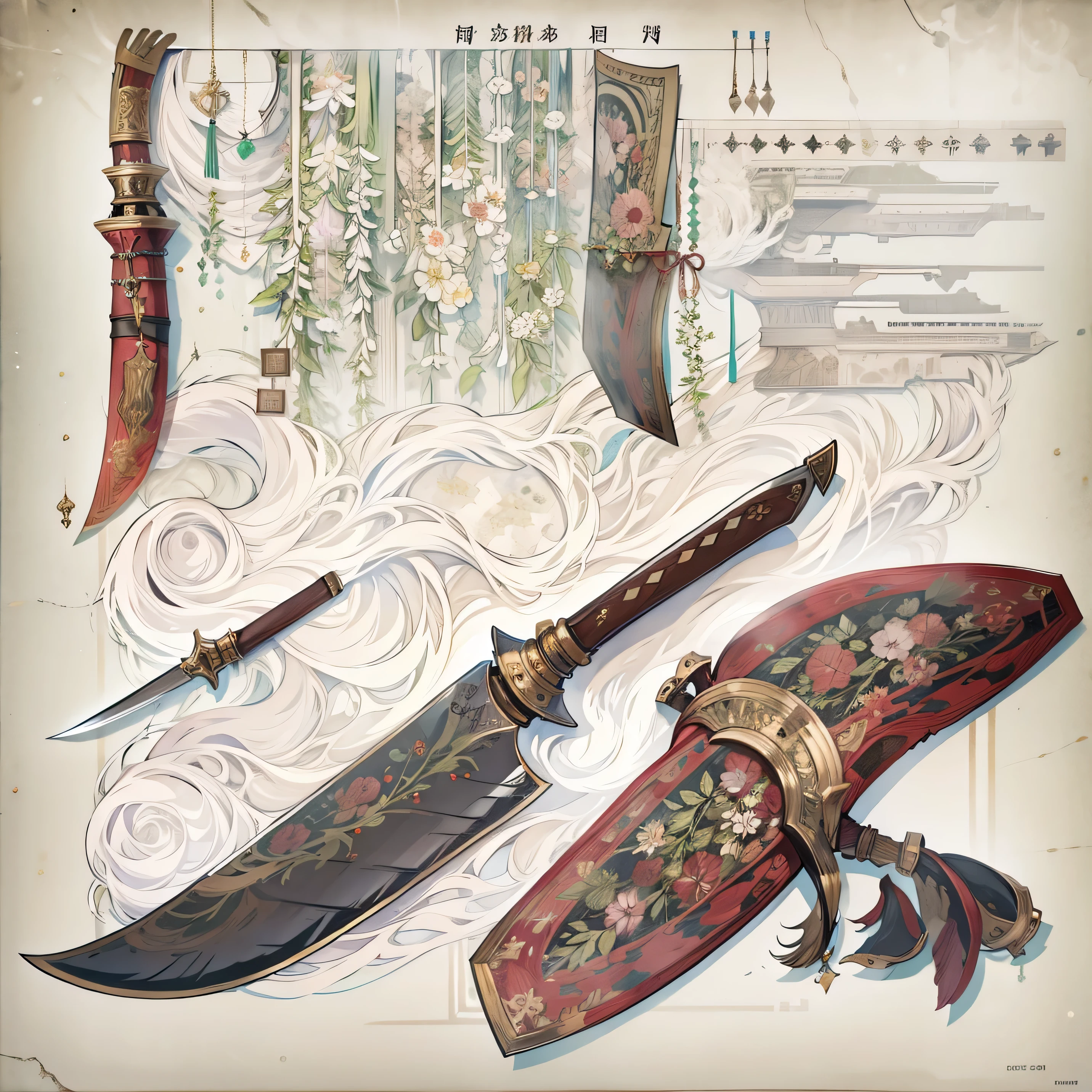 (((best quality))), (((masterpiece))), Weapons Encyclopedia Page, oriental knife, white background,
