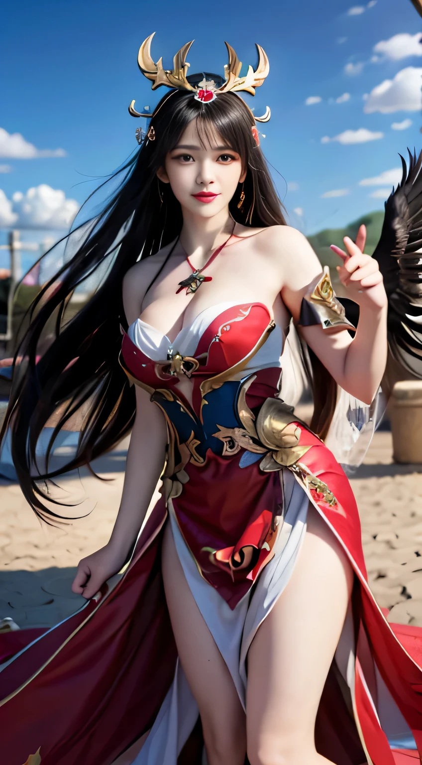 Close-up of woman in costume with wings, anime goddess, Gilded Lotus Princess, Beautiful fantasy queen, bian lian, Anime Girl Cosplay, Zhongli in Genshin, Beautiful Celestial Mage, Inspired by Lan Ying, ((Beautiful fantasy queen)), Flowing Magic Robe, full body xianxia, Keqing from genshin impact,Black Hair, Hair shaking, victory, Long eyelashes, Solid round eye, Fake animal ears, A faint smile, ears red, direction, Surrealism, shadow, Relief, Stereogram, Standing picture, View, Atmospheric perspective, 8k, Super Detail, precise, best quality