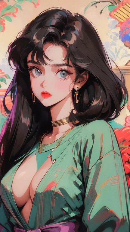 ((((90s anime style,1990s style,1970s anime,Retro style poster,Retro Style InspirationRetro, hand painted details, fresh and clean appearance,))))(masterpiece:1.2, highest quality,highest quality,Spectacular quality,Ultra-high resolution), (複雑なdetailed), 1 Female, alone,Minimal makeup, Natural materials,Innocent, 泣きface,((rich background,)) ((Broken wall,Graffiti wall,Doodle Art,))Black Hair,{short hair|Clearly visible strands of hair|natural curves|Ahoge|},clear, stripe, stripe na testa,can't believe it, (((Saggy breasts))), face madura, detailed face, ((verydetailedな, Lovely)), (Geometric:1.2),)), ((Bell sleeve sweater,))Ray Tracing,Divine Illumination,Godley)),((very_detailed_eye_and_face)),(Beautiful and aesthetic: 1.2),wonderful,can't believe it とんでもない品質,)),((very_detailed_eye_and_face)),(Beautiful and aesthetic: 1.2),wonderful,Ultra-precise depiction, Ultra-detailed depiction,Bokeh (85MM SHOT),(((Delicate fingers and hands:0.55))::0.85))),(detailed fingers),