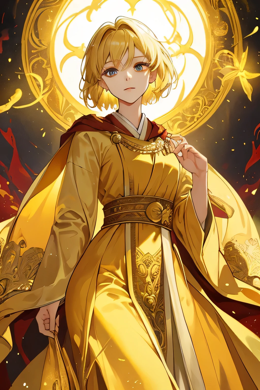(masterpiece), best quality, expressive eyes, yunani liturgical robes dress style painting of beautiful, golden long dress, lush and haunting background, blonde short hair, golden eyes, closed mouth,