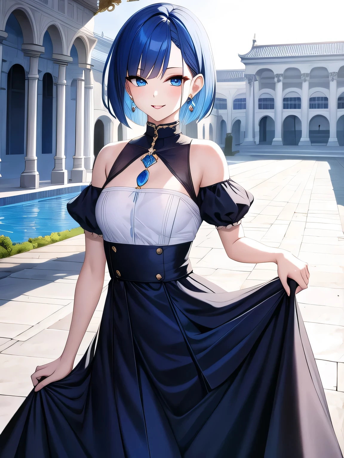 (masterpiece), highest quality, blue eyes, Bright blue hair,(Short Bob Hair)、Expressive eyes, Palace courtyard,A mysterious sight , highlight, Dramatic Light, Black and white fluffy clothes、Long skirt、Earrings、Smiling face、((Small breasts))、