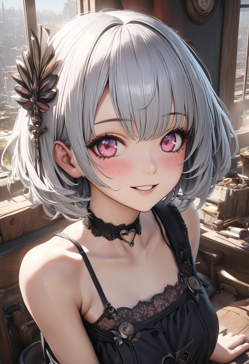 Top quality, best quality, super detailed, hi-res, high resolution, HDR, 4k, 8k, unity 8k wallpaper, highly detailed CG, masterpiece, realistic, photorealistic, 2D, 3D, beautiful details, depth, fine textures , ultra-fine: 1.3, fully focused, crispy.skin, .berak,
A very cute anime girl with silver short hair high , her name is Mia, smiling, one girl, solo, short silver hair, a mole under her eyes, looking at the viewer, high , blush, mole, parted lips, hair ornament, heart, pink eyes, choker
