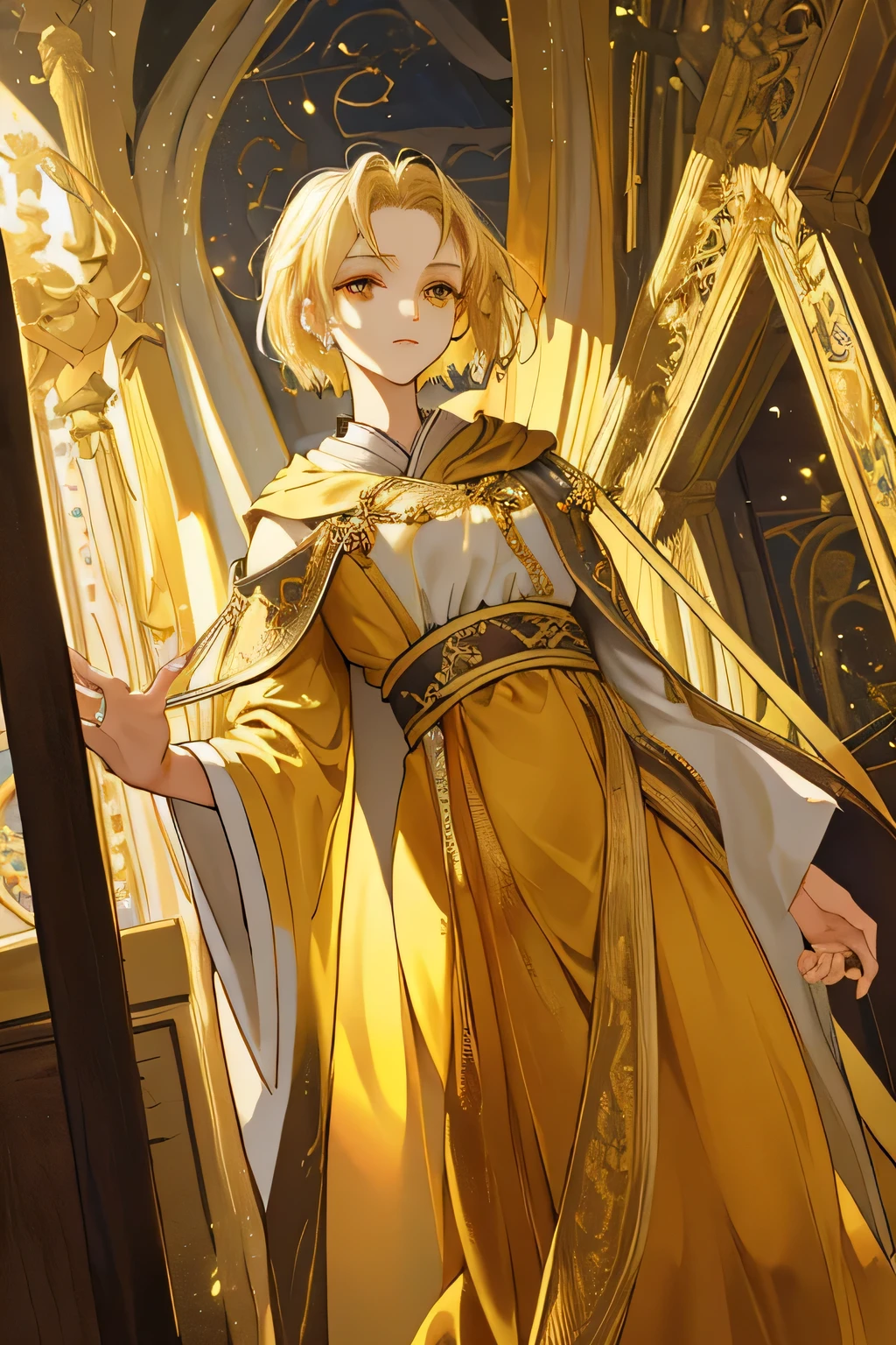 (masterpiece), best quality, expressive eyes, yunani liturgical robes dress style painting of beautiful, golden long dress, lush and haunting background, blonde short hair, golden eyes, closed mouth, 