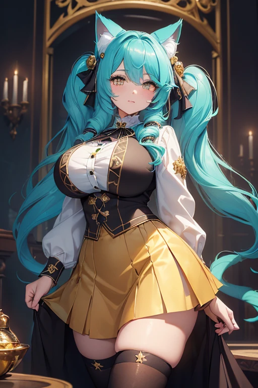 ((masterpiece)), (best quality:1.7), (detailed:1.4), (high res:1.4), 8k, (colorful:1.5), high resolution, sharped image, 4k, hd, (beautiful detailed background:1.2), (beautiful lighting:1.2), (highly detailed:1.2), perfect lighting, (8k wallpaper:1.2), (highly detailed:1.2), (extremely detailed CG:1.2), ((long turquoise twintails with ribbons)), (hair bangs covering one eye), ((only turquoise hair)), ((large chest)), (((busty))), curvy figure, (((royal gold eyes))), (((modest witch outfit with button blouse and a medium length skirt and long stockings))), ((fluffy cat ears and cat tail)), mature, older, (cat girl), adult, tall, fullbody