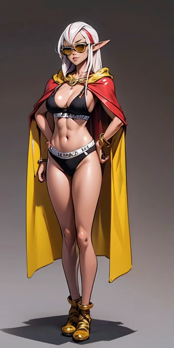 Full body, masterpiece, female drow elf purple skin standing pose (yellow tiger bikini), red cape, red bikini, long white hair, strong body, abs, Ultra Quality, Shiny Skin, Atmospheric, 8K, Cinematic, ((streaked hair, simple background, round eyewear, nd)), bracelet, sunglasses