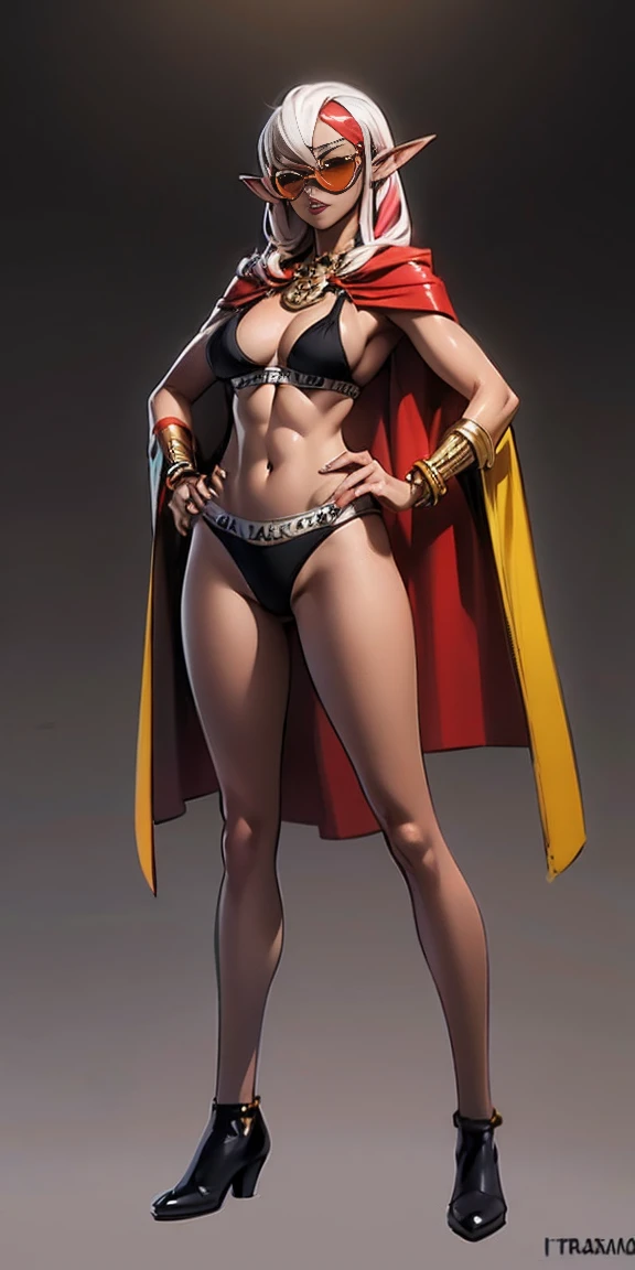 Full body, masterpiece, female drow elf purple skin standing pose (yellow tiger bikini), red cape, red bikini, long white hair, strong body, abs, Ultra Quality, Shiny Skin, Atmospheric, 8K, Cinematic, ((streaked hair, simple background, round eyewear, nd)), bracelet, sunglasses