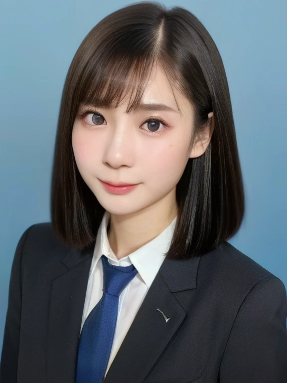 (kawaii 24 year-old Japanese girl, Nogizaka idol, Korean idol), (glossy black hair, short bob, pixie cut, length must be even and symmetric:1.3), (rounded face, single eyelid, no makeup, serious expression:1.2), (wearing suit jacket, collared shirt, necktie:1.3), (extra small breasts:0.9), (looking at viewer:1.2), BREAK, (simple blue background, yearbook background:1.3), (portrait, id photo, bust shot, view from vertically straight forward:1.3), (keep a plenty of margin on the top), BREAK, (masterpiece, best quality, photo realistic, official art:1.4), (UHD, 8K quality wallpaper, high resolution, raw photo, golden ratio:1.3), (shiny skin), professional lighting, physically based rendering, award winning, (highly detailed skin, extremely detailed face and eyes), Carl Zeiss 85 mm F/1.4, depth of field, 1girl, solo,