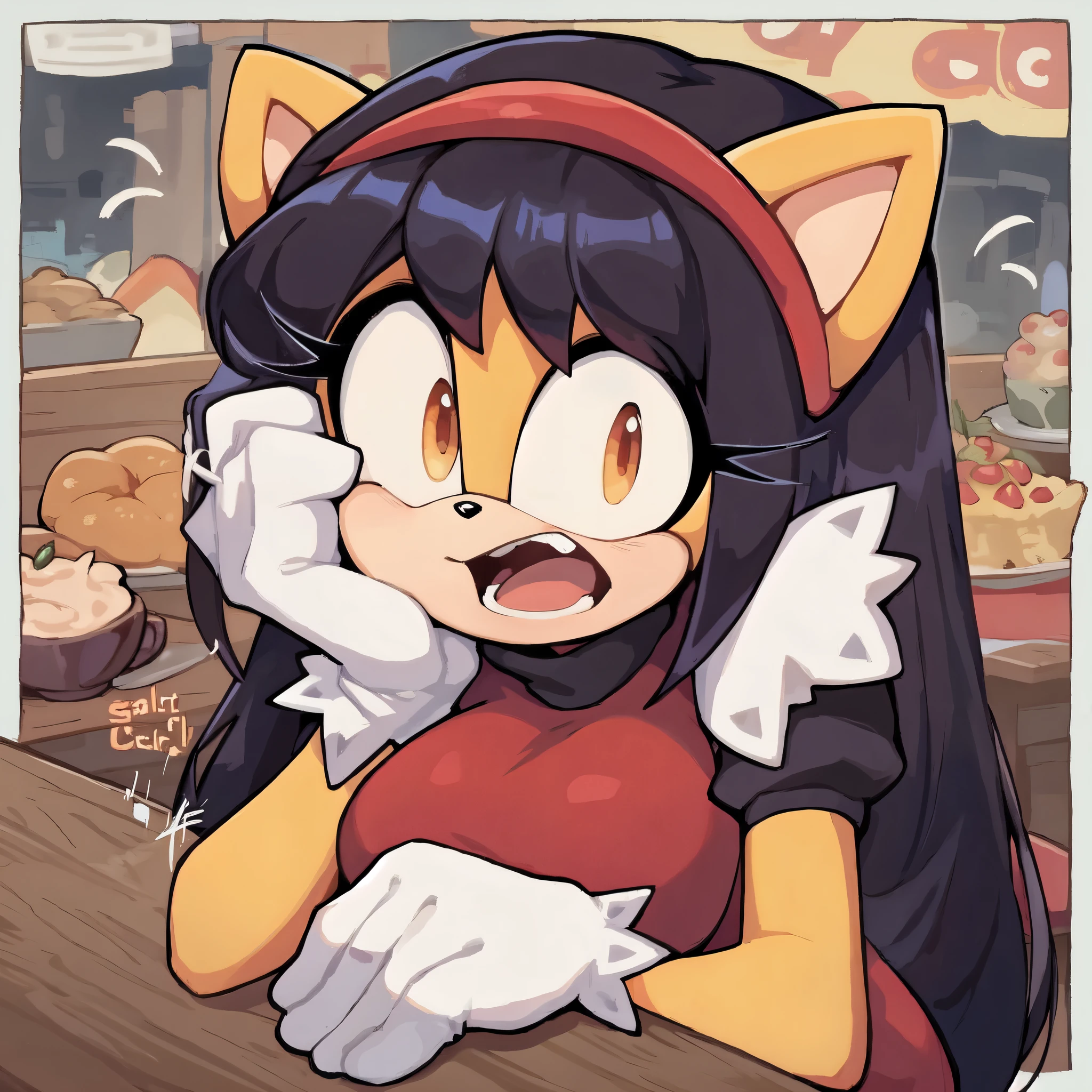 score_9, score_8_up, 2D, flat color, cafe background, looking at viewer, 1girl, very detailed, extremely detailed, honey the cat from the sonic the hedgehog series, portrait, cut off body, shocked expression, puzzled expression, sound lines, open mouth, makeup, hair down, long hair, turtleneck sweater, sitting at table, on a date, large bust, milf
