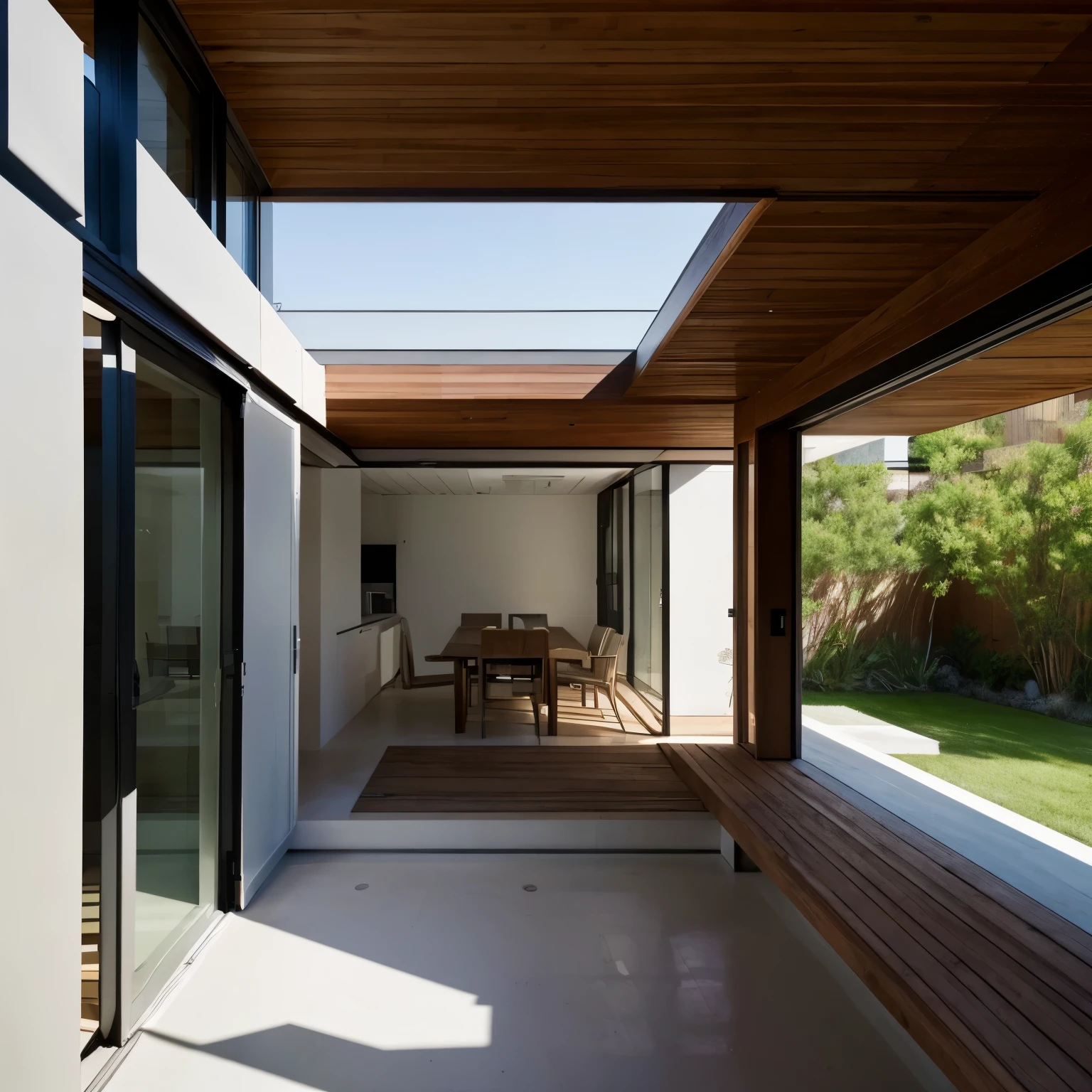 Architectural project that represents modern architecture in a 1000m2 space, que tenga madera, integration with nature, que tenga en cuenta paisaje interior y exterior, que sea de uso residencial y comercial, que tenga colores blancos y grises, that is innovative and unconventional in its exterior design
