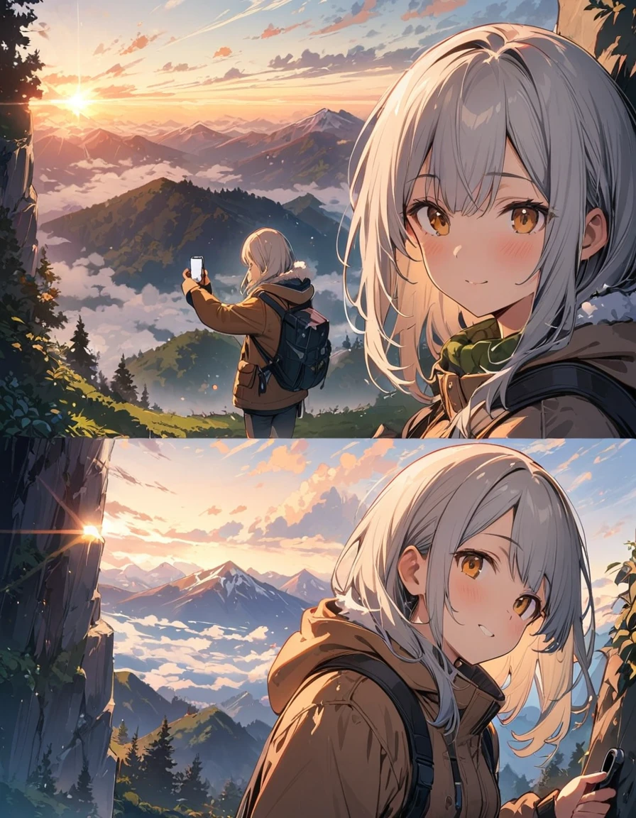 highest quality, masterpiece, Highly detailed background, Majestic Mountain々Back view of a girl climbing a hill, Taking a selfie with a small video camera, ((Winter climber style clothing)), A person stretching out in the sunlight shining through the mountaintop, Beautiful landscapes in earth tones, A hopeful view, Expressions that give viewers a gentle feeling, Focusing on the landscape、Make portrait smaller..