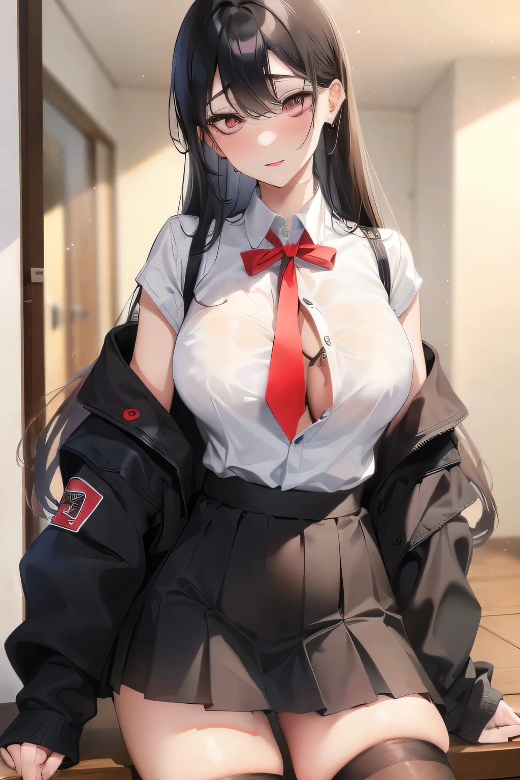 1 girl as yukino yukinoshita, absurdres, highres, solo, , big breasts, waist long black hair, (twintails:0.5), miniskirt, black thighhigh socks, loose red ribbon, unbuttoned white shirt, (ahegao:1.1), (rolling eyes:1.1), (female masturbation:1.1)