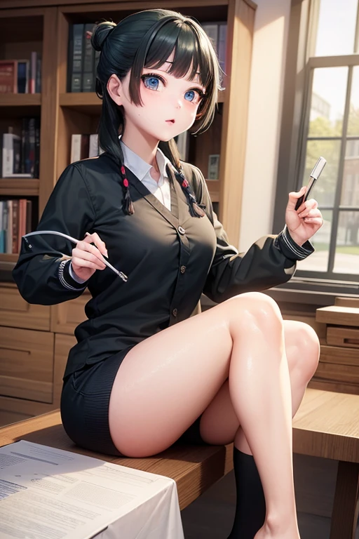 Masseter muscle area, highest quality, 超A high resolution, highest quality, Anime Style, pharmacy clerk, Cat, One girl, black green hair