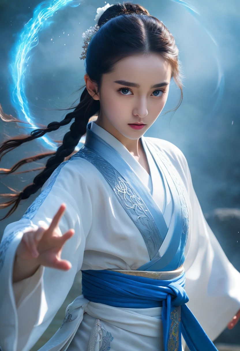 uhd, epic, cinematic still frame, sharp focus, craft a hyper realistic photo of most attractive and beautiful Wuxia girl (Dilraba Dilmurat), (beautiful face)、(((1 juvenile，full bodyesbian，tear-mole:)))full bodyesbian，Sharp eyes，Clear facial features，wearing a lace hanfu，White robe，Fighting，Strong dynamic posture，The body is surrounded by blue mist，Runes surround you，tai chi martial arts action，Holographic reality，holographic halo，dynamic blur，Game lighting effects，rim-light，Soft light，cinematic rim light，The light is delicate, Qi explosion, 