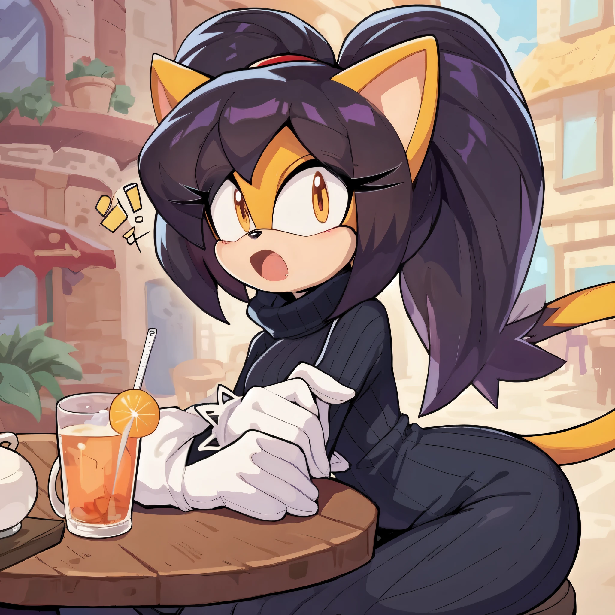 score_9, score_8_up, 2D, flat color, cafe background, looking at viewer, 1girl, very detailed, extremely detailed, honey the cat from the sonic the hedgehog series, portrait, cut off body, shocked expression, puzzled expression, sound lines, open mouth, makeup, hair down, long hair, turtleneck sweater, sitting at table, on a date, large bust, milf
