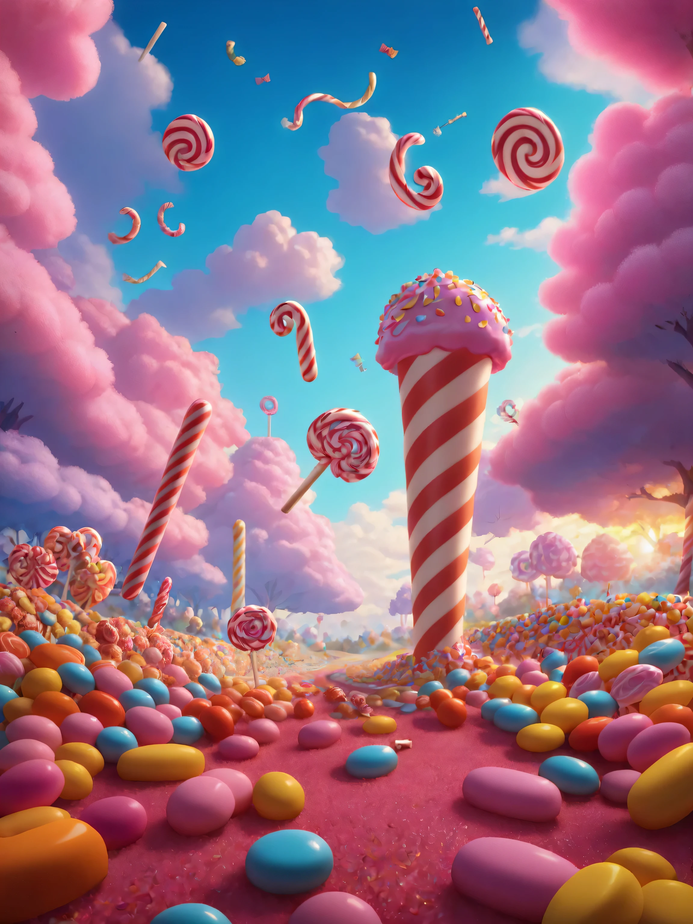 a close up of a candy land with lots of candy, candy land, candyland, candy forest, everything is made of candy, inspired by Cyril Rolando, candy - coated, 4k highly detailed digital art, inspired by Mike Winkelmann, in style of cyril rolando, made of candy, candy, candies, beeple. hyperrealism