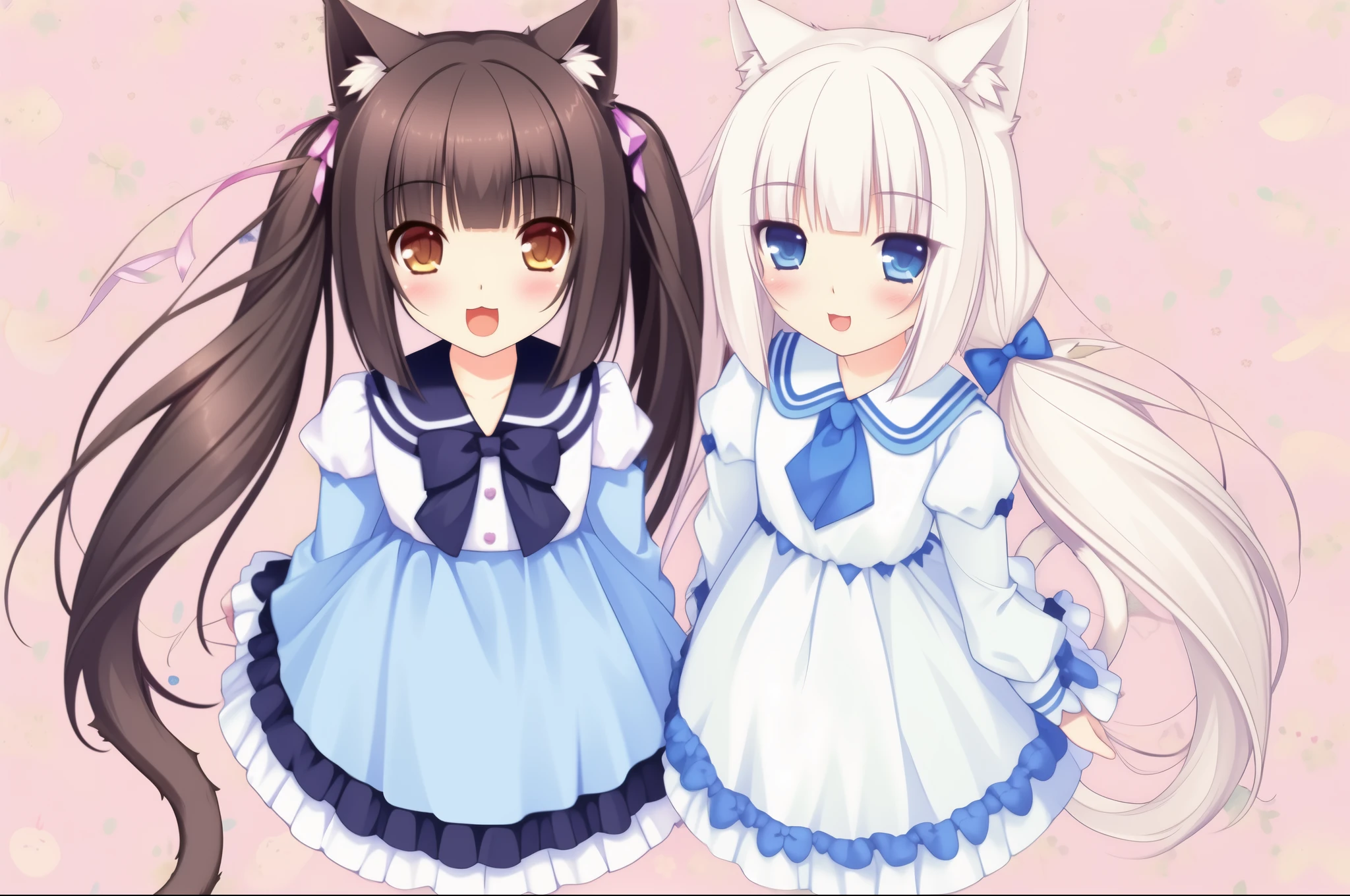 nice hands, perfect hands,
girls, vanilla, xiangcao, multiple girls, animal ears, 2girls, aged down, ribbon, cat ears, open mouth, smile, tail, blue eyes, twintails, :3, looking at viewer, bow, blunt bangs, cat tail, dress, :d, white hair, low twintails, slit pupils, blush, hair bow, long sleeves, hair ribbon, artist name, long hair, brown hair, bangs, from above, floral background, short twintails, puffy sleeves, alternate hairstyle, brown eyes