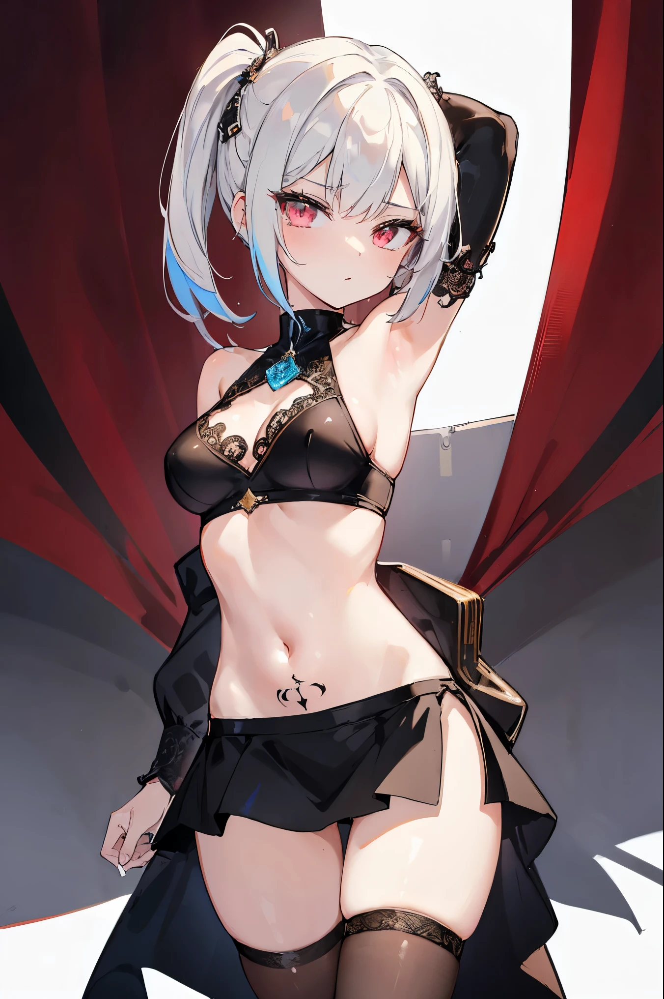 1girl, anime, cute girl, blank background, white background, fantasy, detailed fantasy dress with highlights, beautiful face, beautiful eyes, dark colors, black hair with multicolor streaks, red eye with different color pupil in eye, multicolor eye, medium breasts, slight cleavage, beautiful skin, cute, breast curtains, extremely delicate and beautiful, (beautiful detailed face:1.0), (detailed deep eyes), symmetrical breasts, deep eyes, shiny skin, portrait, slender waist, hips wider than shoulders, thighs, expressionless, young girl, luminous eyes, adorable,(Kpop idol),(aegyo sal:1),(Platinum blonde hair:1),((puffy eye)),Black panty,sexy posture,Superskirt, Ultra-high resolution,Black collar,slim figure, Abdominal y tattoo, womb tattoo,Tight-fitting leg ring,y tattoo on half-body,Bare skin, Armored hand,Hidden fingertips,Hand covered,Arm covered,Fist covered,{{beautiful detailed fingers}}, tufts of hair, moderate beautiful breast:1.0,(masterpiece:1.2), best quality, high-res, HDR, perfect face, intricate armor, delicate blue filigree, intricate filigree, red metalic parts, detailed part, dynamic pose, dynamic lights, cute face, neutral expression