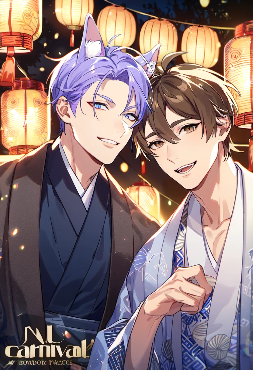 absurdres, highres, ultra detailed, HDR, master piece, best quality, perfect face, beautiful eyes, delicate features, Eiden, brown hair, expressive brown eyes, Nu Carnival, Kuya, light-purple hair, expressive blue eyes, fox ears, two men together, gay couple, handsome, kimono, haori, patterns, forest, moon, fireflies, shining lights, lanterns