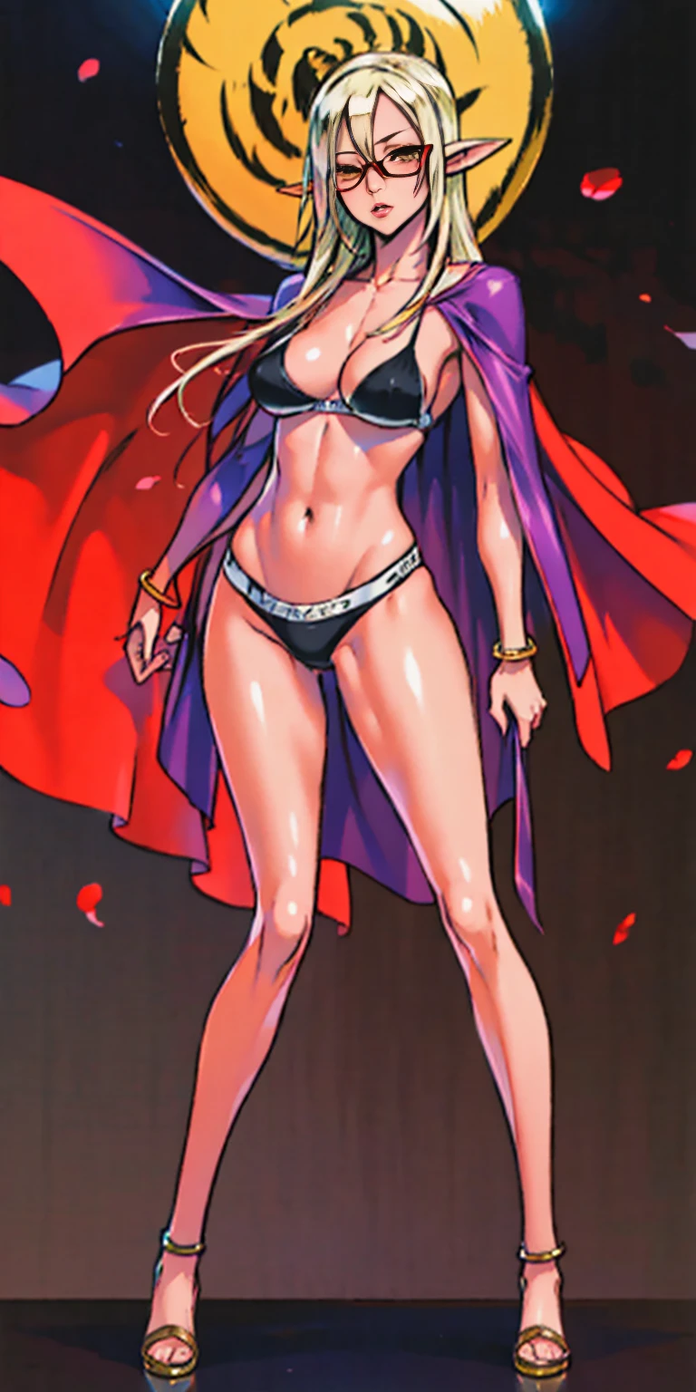 Full body, masterpiece, female drow elf purple skin standing pose (yellow tiger bikini), red cape, red bikini, long white hair, strong body, abs, Ultra Quality, Shiny Skin, Atmospheric, 8K, Cinematic, ((streaked hair, simple background, round eyewear, nd)), bracelet, sunglasses