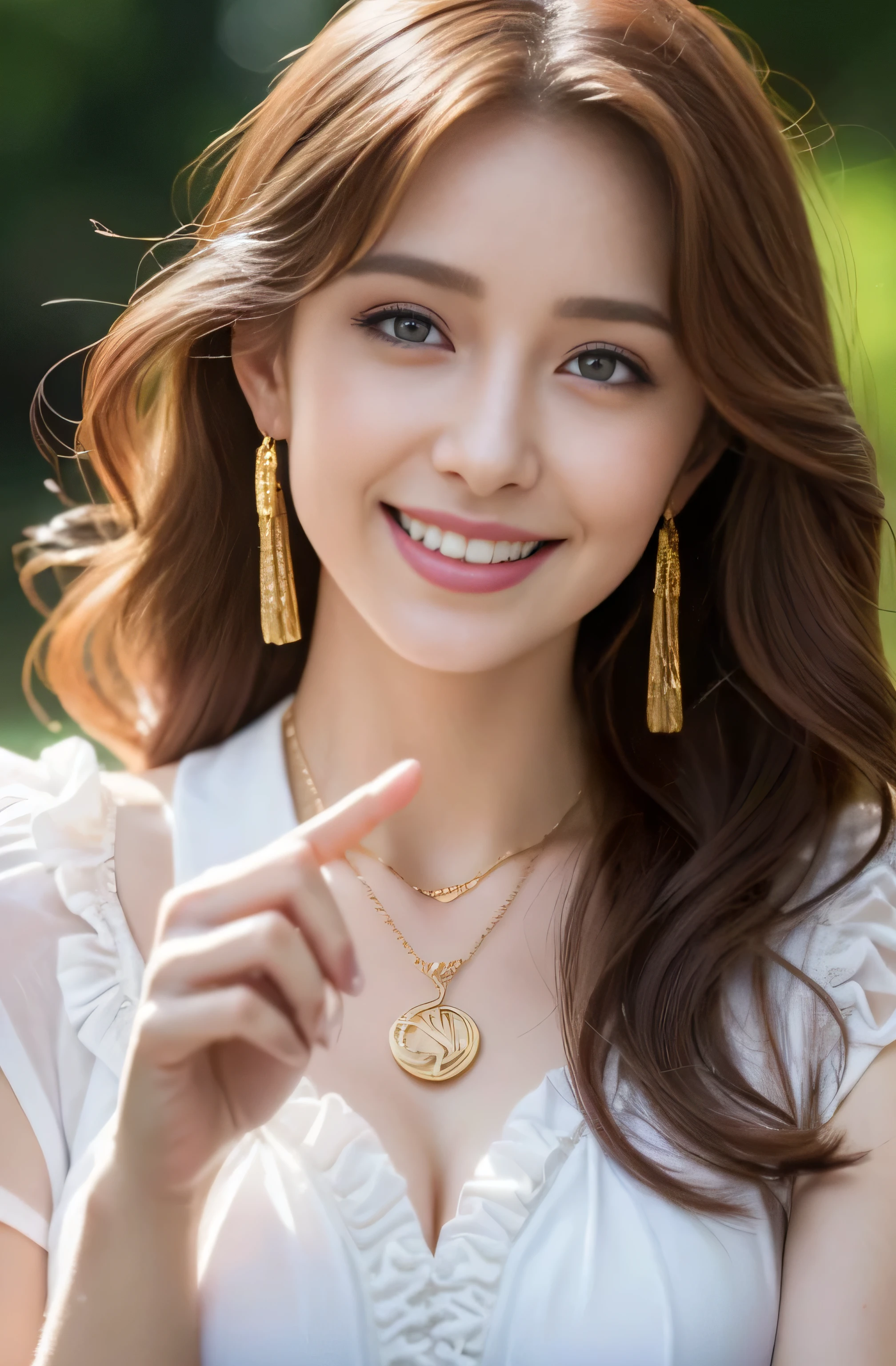 High quality finger, Normal hand, Finger details,masterpiece, (Realistic, photo-Realistic:1.37), (22-year-old female), league of legends katalina, Medium Chest, Small waist, Dark Redhead, blue eyes, Beautiful Face, Perfect lighting, Fine and beautiful eyes,Looking at the audience, Stunningly beautiful woman, Detailed hairstyle, Detailed Background,Shorts, Detailed fantasy backgrounds, (Sweat:1)、((Loosely inward wavy hair:1.2)),((Gold Necklace_Large earrings:1.2)),((Extra long brown hair:1.2))((A shy smile:1.3)),((wearing frilled white shirt:1.3))((Place your left hand gently on your chin,right hand holding chest:1.3)),