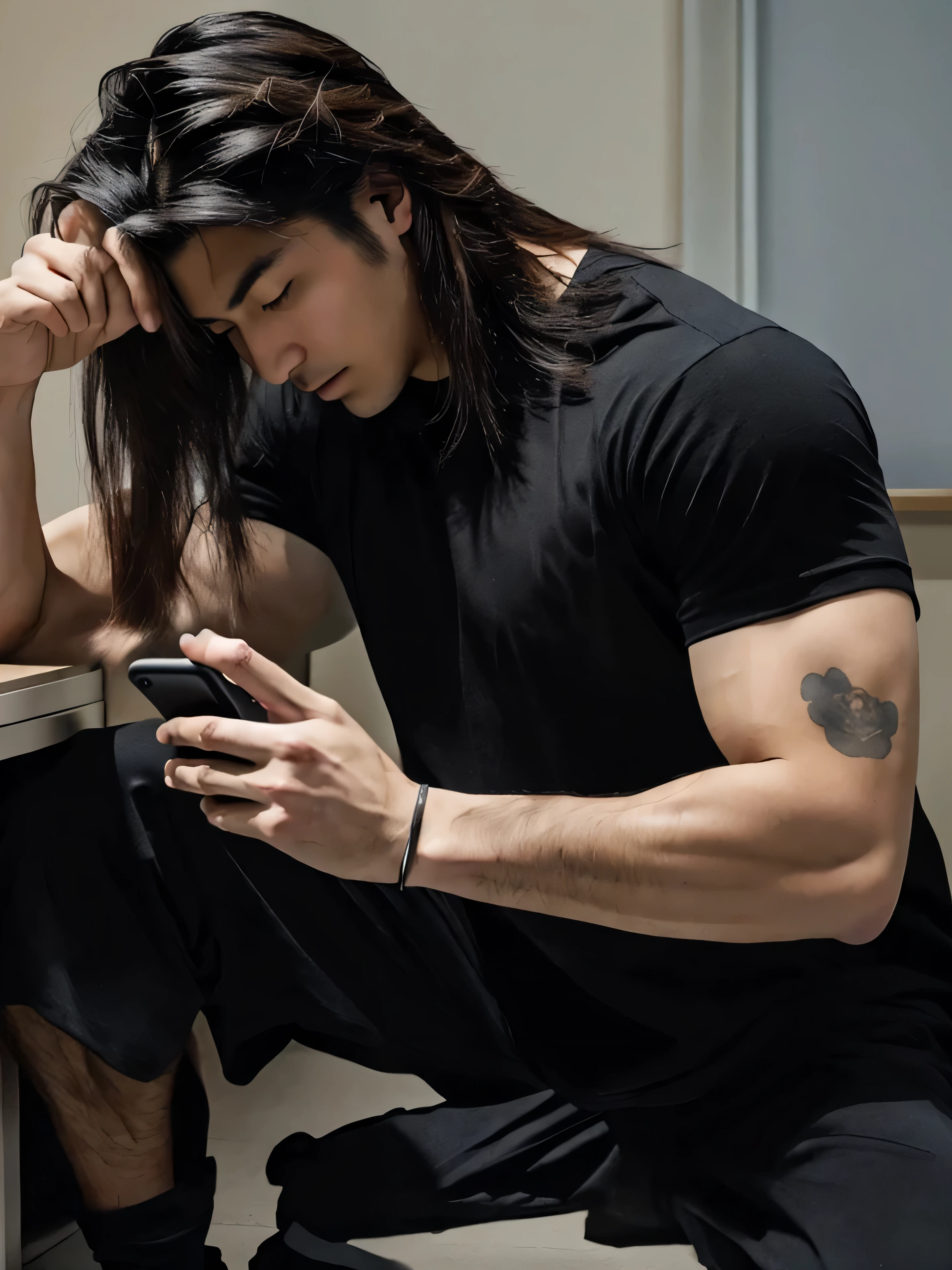 arafed man sitting on the floor looking at his cell phone, con su largo cabello negro, korean muscle boy 2 1 years, con cabello largo, 27 years old, 28 years old, asian man, steven jung, hombre surcoreano, 29 years, 23 years, he wears a black t-shirt