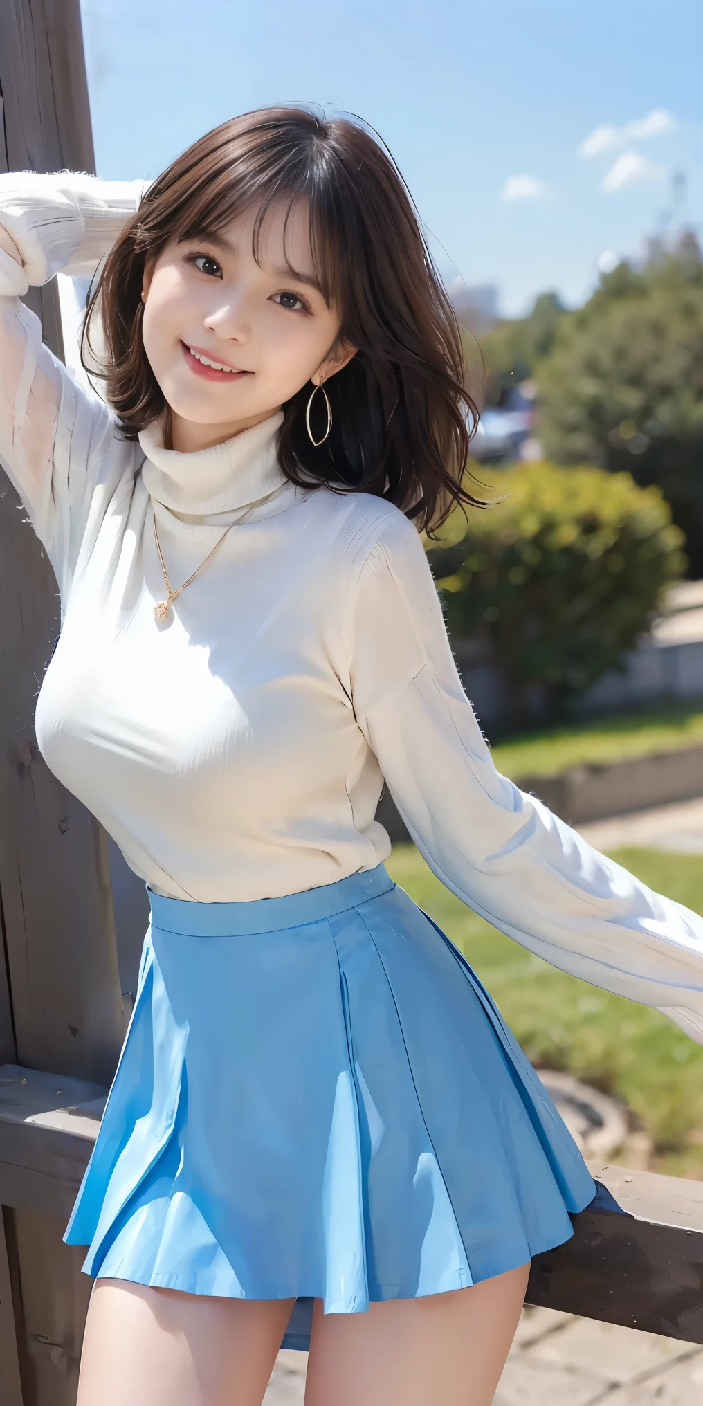 Female, 20 years old, short black wavy hair、bangss、Puffy nipple、(White Turtleneck Knit)、(Blue long skirt), Black stockingedium milk, cute smile face、((Poses that emphasize the buttocks、turned around))、sexy hips、Black High Heels、Big necklace、((((the wind blew my skirt, expose my panties...))))、(Light blue lace panties)、Cute earrings、(Tilt your head slightly)
