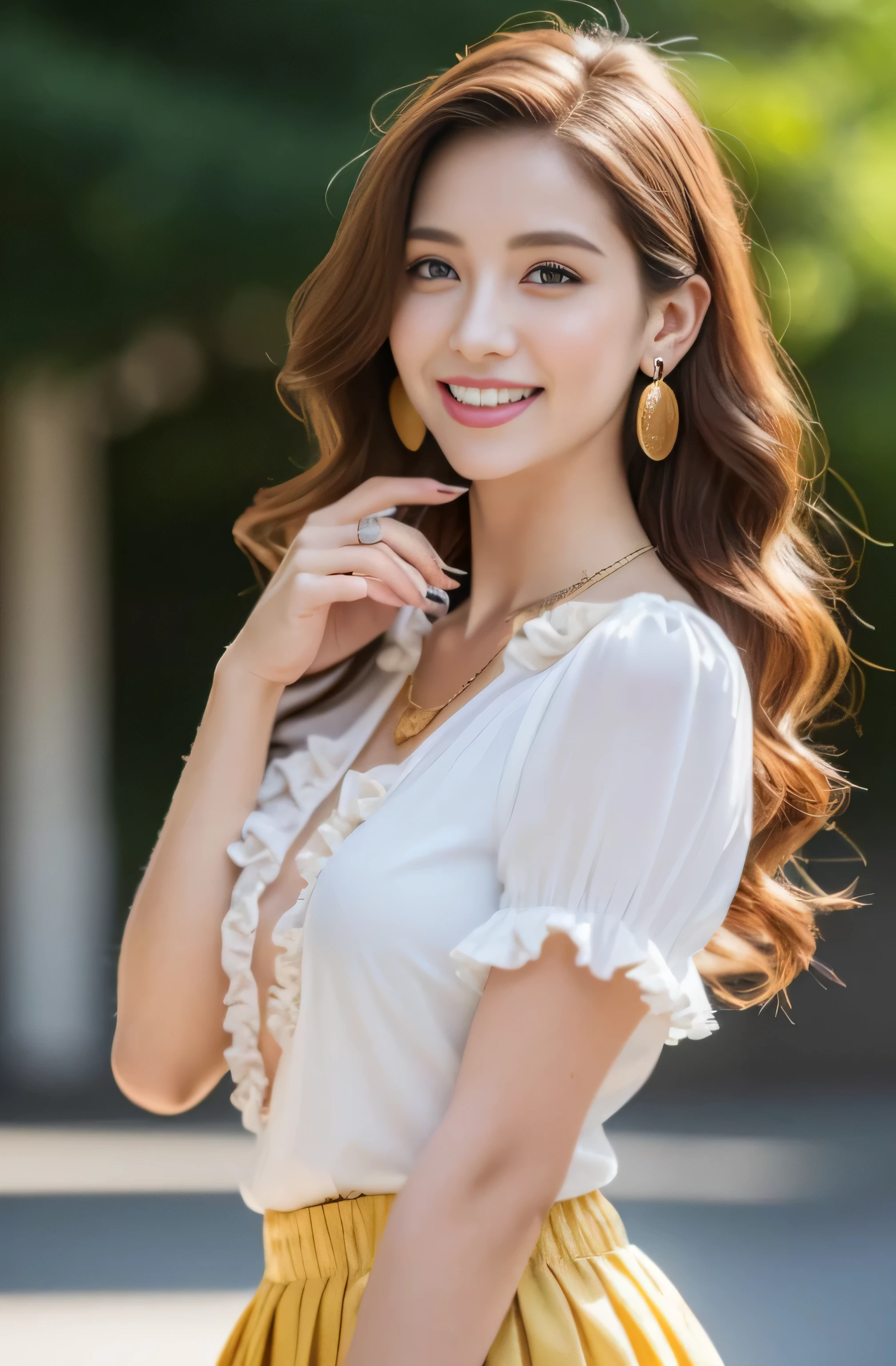 High quality finger, Normal hand, Finger details,masterpiece, (Realistic, photo-Realistic:1.37), (22-year-old female), league of legends katalina, Medium Chest, Small waist, Dark Redhead, blue eyes, Beautiful Face, Perfect lighting, Fine and beautiful eyes,Looking at the audience, Stunningly beautiful woman, Detailed hairstyle, Detailed Background,Shorts, Detailed fantasy backgrounds, (Sweat:1)、((Loosely inward wavy hair:1.2)),((Gold Necklace_Large earrings:1.2)),((Extra long brown hair:1.2))((A shy smile:1.3)),((wearing frilled white shirt:1.3))((Place your left hand gently on your chin,right hand holding chest:1.3)),((full figure supermodel standing, entire body in frame))((Pleated skirt in off-white:1.3)),