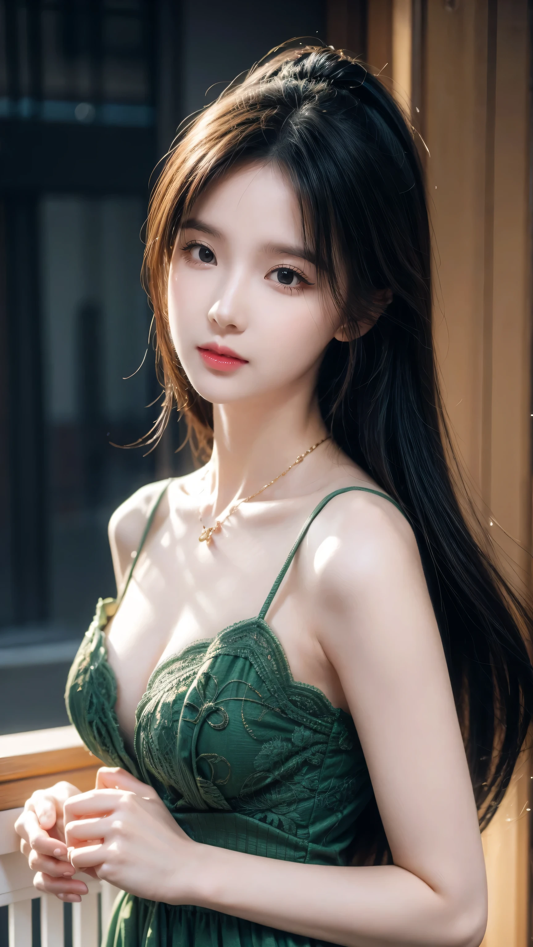 Wearing a green dress、Close-up of woman wearing necklace, Artwork in the style of Guweiz, Realistic anime 3D style, Beautiful anime portrait, Anime realism style, Detailed portrait of anime girl, Beautiful character painting, author:Yang Jie, Stunning anime face portraits, Realistic anime art style, Anime girl portrait, Beautiful anime style