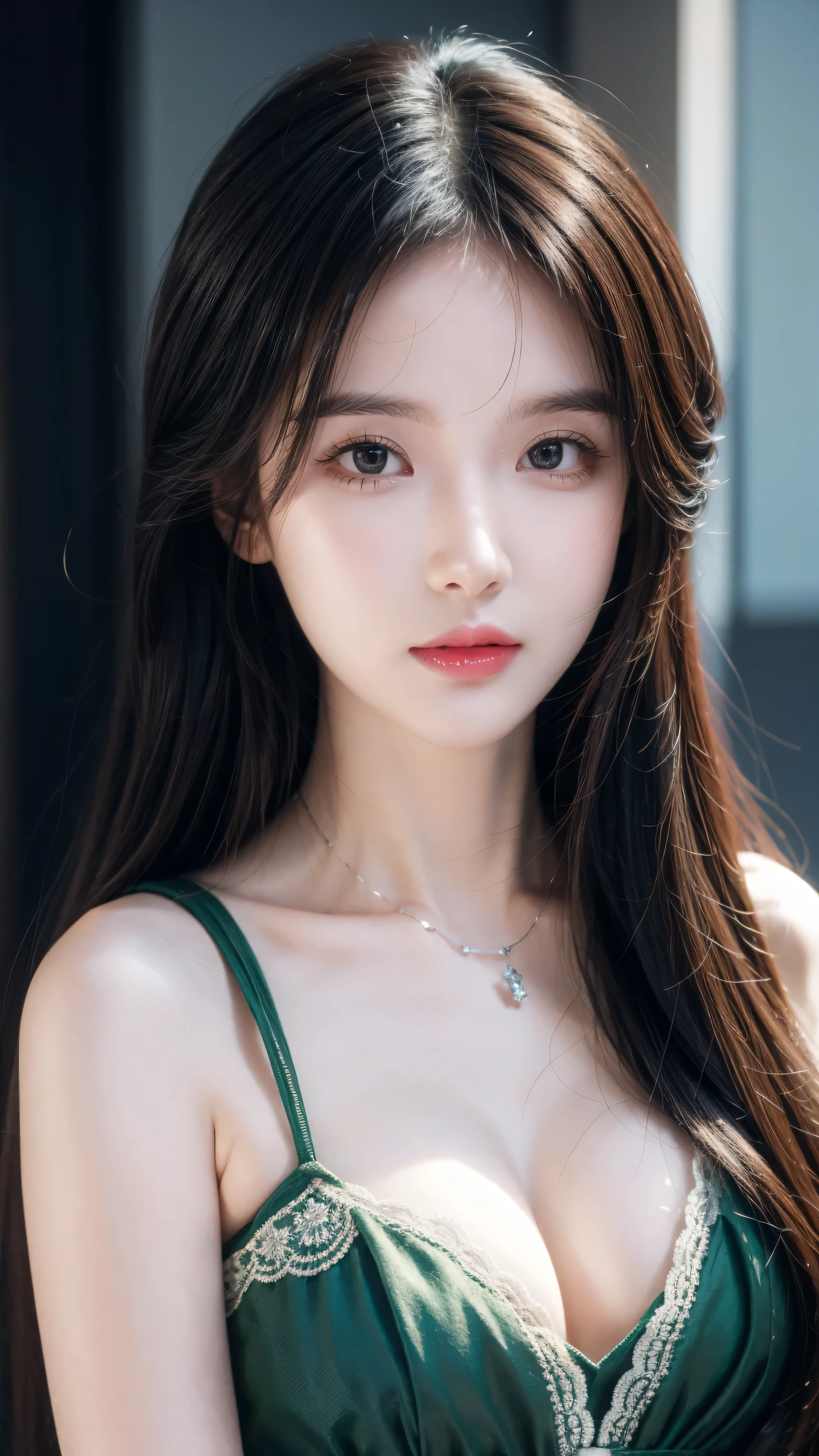 Wearing a green dress、Close-up of woman wearing necklace, Artwork in the style of Guweiz, Realistic anime 3D style, Beautiful anime portrait, Anime realism style, Detailed portrait of anime girl, Beautiful character painting, author:Yang Jie, Stunning anime face portraits, Realistic anime art style, Anime girl portrait, Beautiful anime style