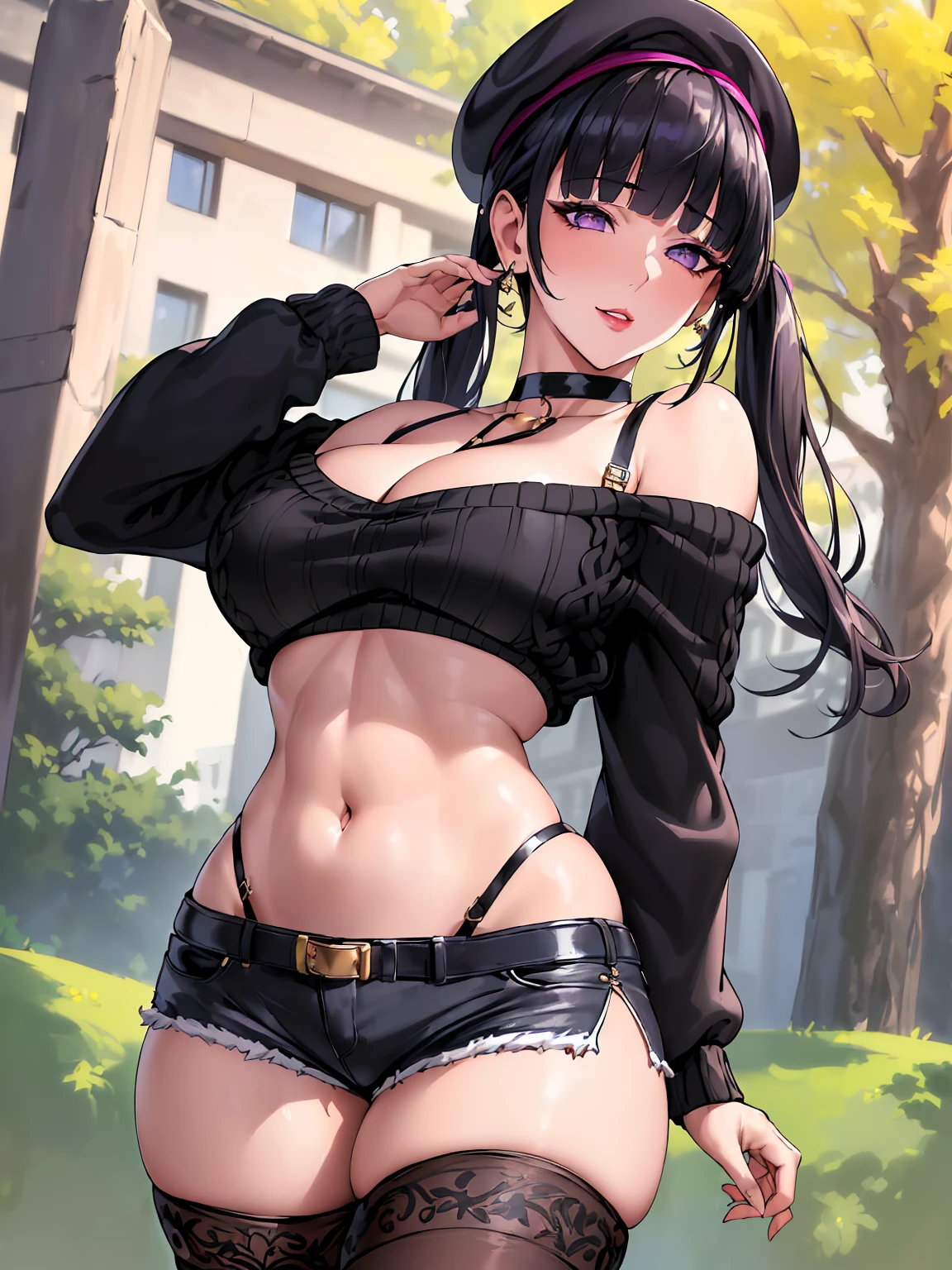 (((absurdres))), (((masterpiece))), (((best quality))), ((ultra-detailed)), ultra high quality, realistic, (real picture, intricate details, depth of field), ((((1girl, solo)))), make up, parted lips, highly-detailed, perfect face, (((mature woman, milf, skindentation))), ((huge breasts, wide hips, toned abdomen)), tall, glossy lips, sexy, blushing, ((black hair, blunt bangs, twintails)), ((beautiful purple eyes)), ((earrings, hair ornaments, choker, beret cap)), (((black sweater, off shoulder, cleavage, crop top, shorts, thigh highs, bra straps))), (((erotic pose, standing, from below, arms above head))), smile, (((outdoors, park)))
