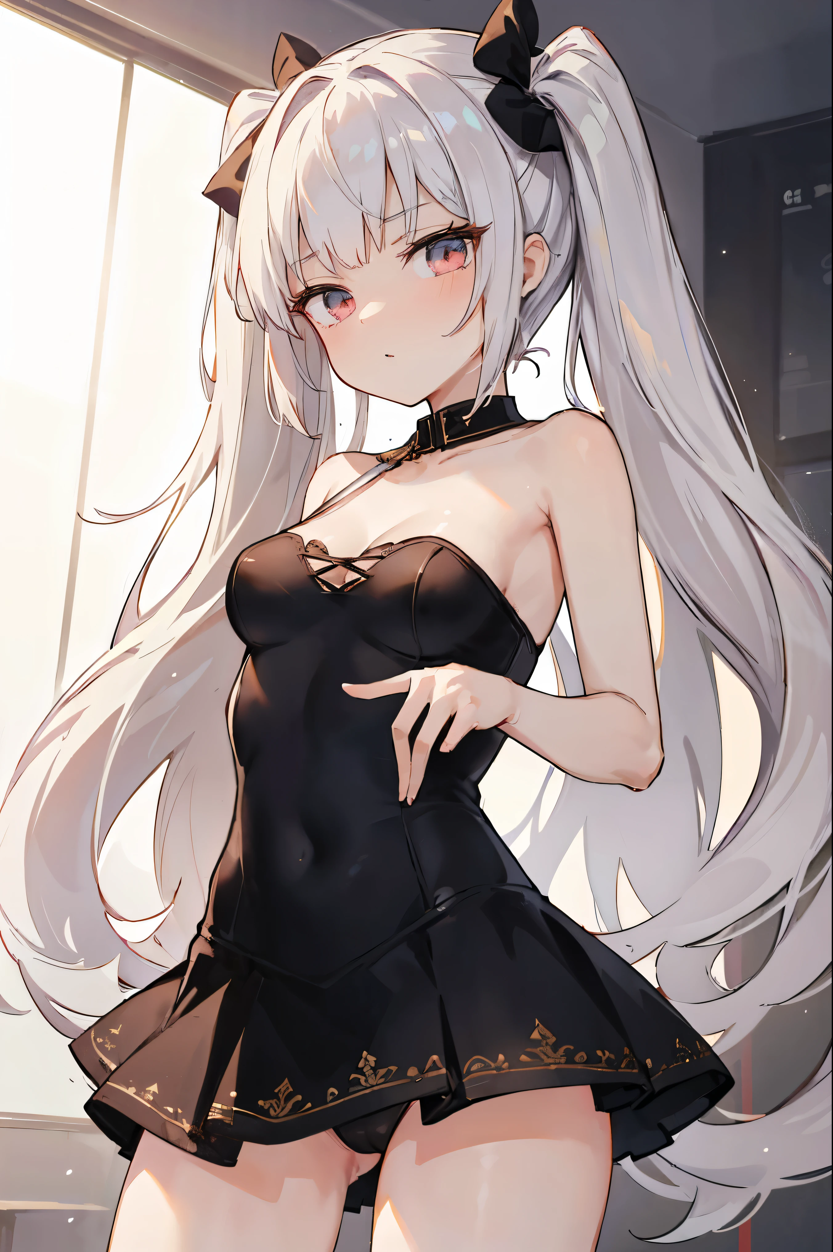 1girl, anime, cute girl, blank background, white background, fantasy, detailed fantasy dress with highlights, beautiful face, beautiful eyes, dark colors, black hair with multicolor streaks, red eye with different color pupil in eye, multicolor eye, medium breasts, slight cleavage, beautiful skin, cute, breast curtains, extremely delicate and beautiful, (beautiful detailed face:1.0), (detailed deep eyes), symmetrical breasts, deep eyes, shiny skin, portrait, slender waist, hips wider than shoulders, thighs, expressionless, young girl, luminous eyes, adorable，（Kpop idol）,（aegyo sal：1），（Platinum blonde hair：1），（（puffy eye）），Black panty，sexy posture，Superskirt, Ultra-high resolution，Black collar，slim figure, Abdominal y tattoo, womb tattoo，Tight-fitting leg ring，y tattoo on half-body，Bare skin, Armored hand，Hidden fingertips，Hand covered，Arm covered，Fist covered,{{beautiful detailed fingers}}, tufts of hair, moderate beautiful breast:1.0,(masterpiece:1.2), best quality, high-res, HDR, perfect face, intricate armor, delicate blue filigree, intricate filigree, red metalic parts, detailed part, dynamic pose, dynamic lights, cute face, neutral expression