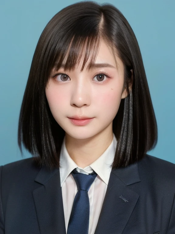 (kawaii 24 year-old Japanese girl, Nogizaka idol, Korean idol), (glossy black hair, short bob, pixie cut, length must be even and symmetric:1.3), (rounded face, single eyelid, no makeup, serious expression:1.2), (wearing suit jacket, collared shirt, necktie:1.3), (extra small breasts:0.9), (looking at viewer:1.2), BREAK, (simple blue background, yearbook background:1.3), (portrait, id photo, bust shot, view from vertically straight forward:1.3), (plenty of top margin), BREAK, (masterpiece, best quality, photo realistic, official art:1.4), (UHD, 8K quality wallpaper, high resolution, raw photo, golden ratio:1.3), (shiny skin), professional lighting, physically based rendering, award winning, (highly detailed skin, extremely detailed face and eyes), Carl Zeiss 85 mm F/1.4, depth of field, 1girl, solo,