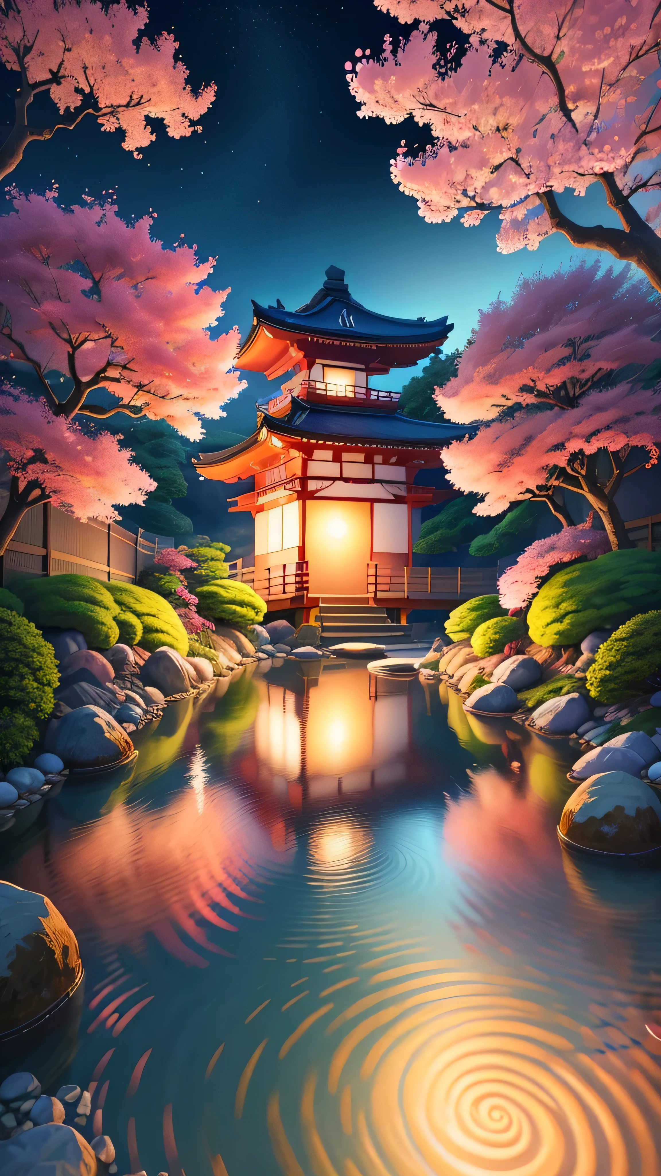 (digital painting),(best quality), serene Japanese garden, cherry blossoms in full bloom, koi pond, footbridge, pagoda, Ukiyo-e art style, Hokusai inspiration, Deviant Art popular, 8k ultra-realistic, pastel color scheme, soft lighting, golden hour, tranquil atmosphere, landscape orientation