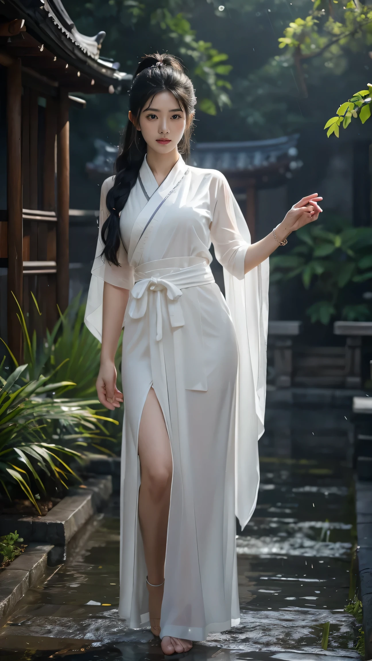 (full body shot:1.2) ,small breasts ,The background is a rainy day.,old traditional temple,1 woman, beautiful girl, Beautiful face, female samurai, Supermodel, shining bracelet, beautiful short hanfu (white, transparent),cape, alone, {Beautiful and detailed eyes}, calm expression, Natural and soft light, delicate face, a lot small earringodel pose)), Glamor body type, (Black neon hair:1.2), nest, long ponytail, a lot_long_hair, hair past hip, curly hair, Film pellets, Real hand, Masterpiece, best quality, realistic, There are a lot of details., exquisite details, high resolution, Perfect dynamic composition, Beautifully detailed eyes, smiling eyes, ((Nervous and shy)), Sharp focus, full_body, sexy pose, cowboy_shoot, samurai girl, glowing forehead, light,