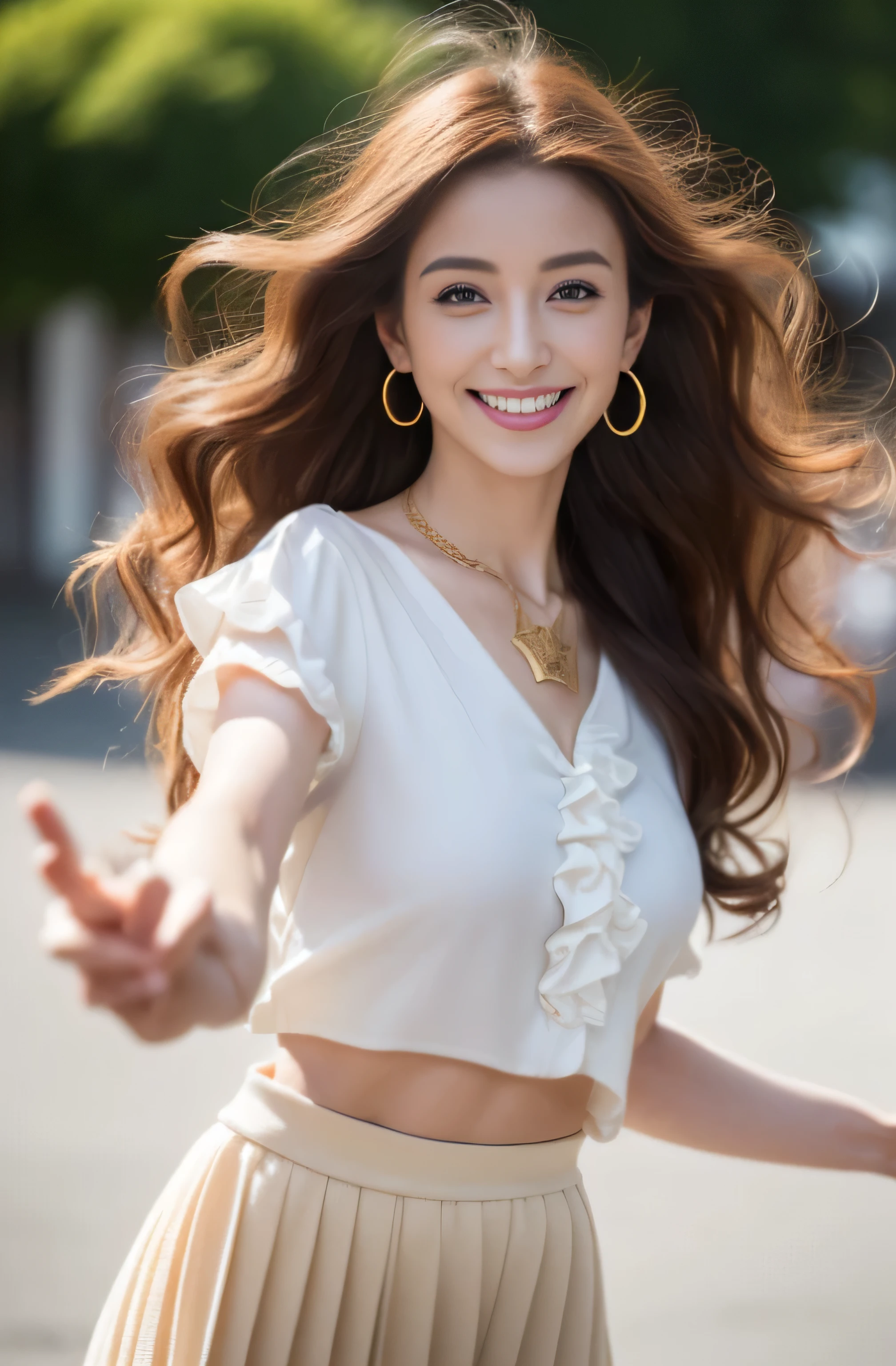 High quality finger, Normal hand, Finger details,masterpiece, (Realistic, photo-Realistic:1.37), (22-year-old female), league of legends katalina, Medium Chest, Small waist, Dark Redhead, blue eyes, Beautiful Face, Perfect lighting, Fine and beautiful eyes,Looking at the audience, Stunningly beautiful woman, Detailed hairstyle, Detailed Background,Shorts, Detailed fantasy backgrounds, (Sweat:1)、((Loosely inward wavy hair:1.2)),((Gold Necklace_Large earrings:1.2)),((Extra long brown hair:1.2))((A shy smile:1.3)),((wearing frilled white shirt:1.3))((Place your left hand gently on your chin,right hand holding chest:1.3)),((full figure supermodel standing, entire body in frame))((Pleated skirt in off-white:1.3)),((smile_Running towards here_long flowing hair:1.4))