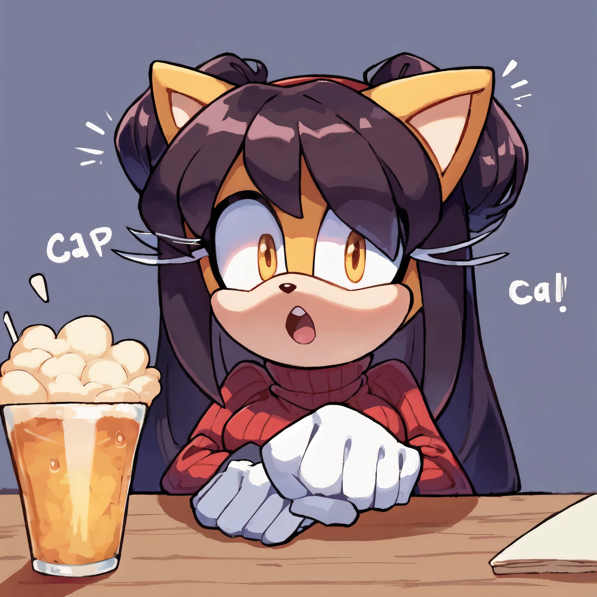 score_9, score_8_up, 2D, flat color, cafe background, looking at viewer, 1girl, very detailed, extremely detailed, honey the cat from the sonic the hedgehog series, portrait, cut off body, shocked expression, puzzled expression, sound lines, open mouth, makeup, hair down, long hair, turtleneck sweater, sitting at table, on a date, large bust, milf
