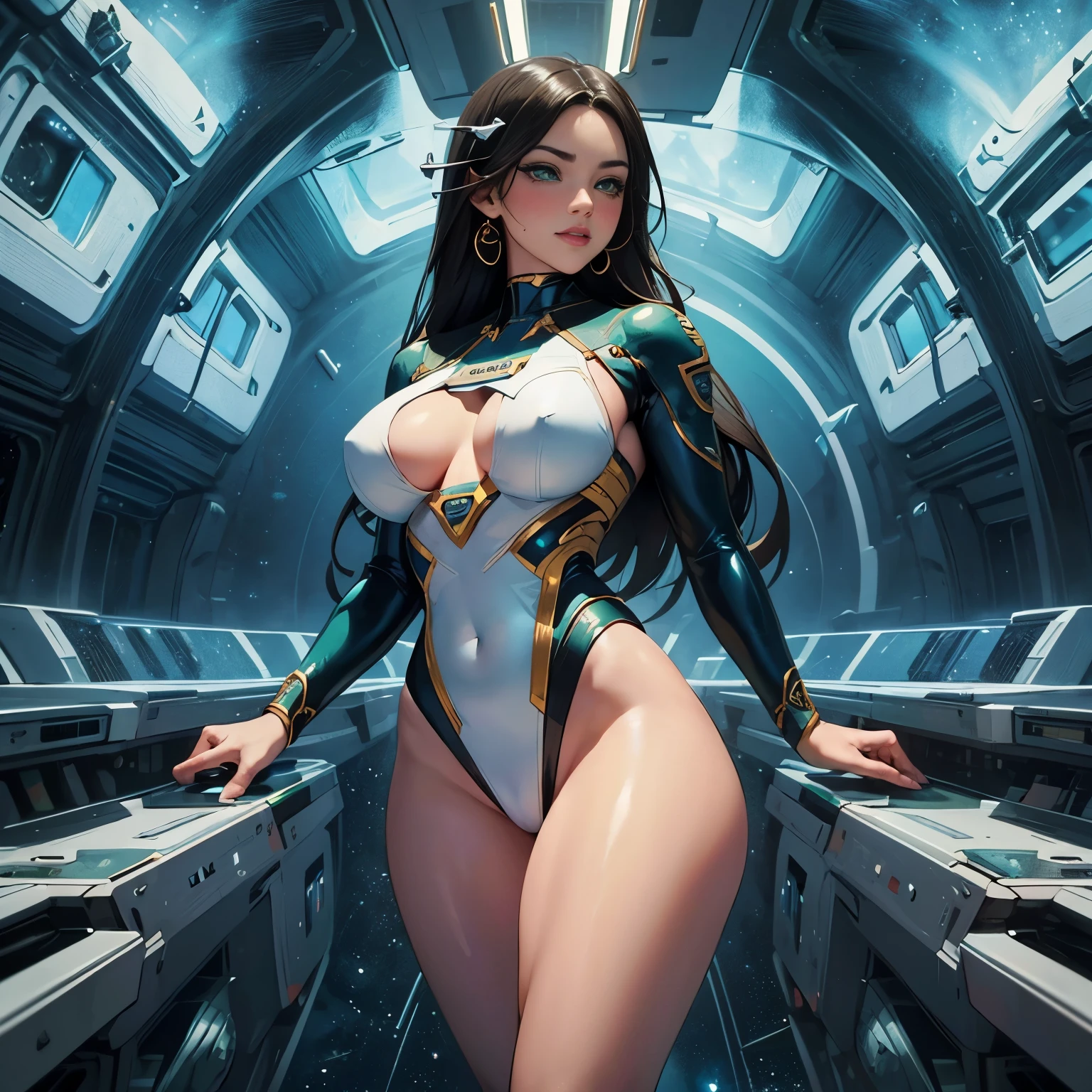 Astronaut woman, prostitute, best quality: 1.1, 1 girl, (green eyes), detailed green eyes, well-aligned eyes, extremely detailed face, blushing cheeks, perfect face symmetry, smiling, embarrassed, (astronaut suit), BREAK intricate details on hands, intricate details on fingers, (very huge) breasts, black hair, detailed hair, long hair, defined figure, (thick muscular legs), (small defined waist), (very much voluptuous body), (very much muscular body), lascivious woman, (nymphomaniac woman), dynamic pose, Interacting, (whole body perspective), ((spaceship background): 1.5)