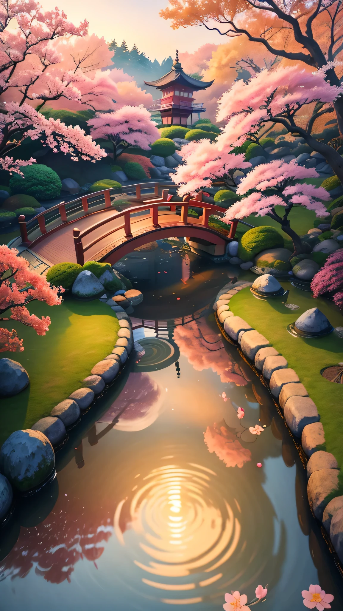 (digital painting),(best quality), serene Japanese garden, cherry blossoms in full bloom, koi pond, footbridge, pagoda, Ukiyo-e art style, Hokusai inspiration, Deviant Art popular, 8k ultra-realistic, pastel color scheme, soft lighting, golden hour, tranquil atmosphere, landscape orientation