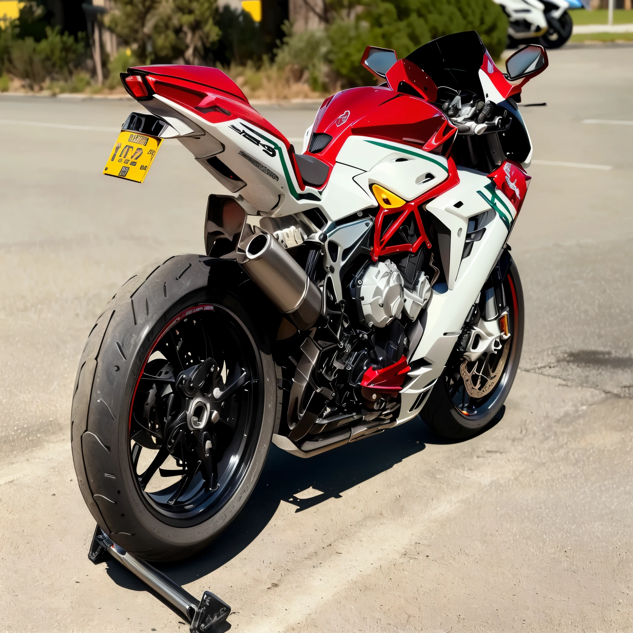MV Agusta F3 675 RC motorcycle there is a red and white motorcycle parked in a parking lot, yoshimura exhaust, 35840k film, 8 k highly detailed ❤🔥 🔥 💀 🤖 🚀, uploaded, f32, f 3 2, photo from behind, front shot, back facing, photo taken from behind,