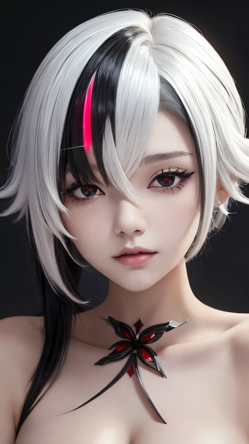 Beautiful fair and shiny skin，3 Up，gorgeous，Bright, refreshing and gentle expression，Perfect beautiful cute face，Short curly hair，Straight Hair，White hair，Black Hair，Colorful Hair，[flat chest：：0.8]，Beautiful shiny bangs，Very pretty and beautiful  girl，Eyeliner，Glowing red eyes, Red X pupil，