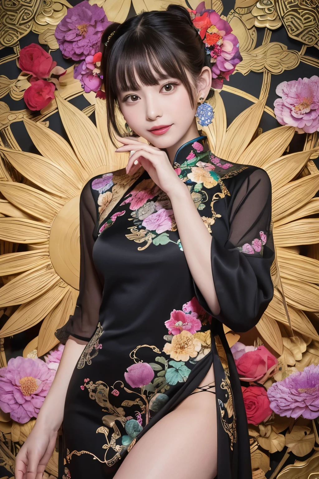 (masterpiece, top quality, best quality, official art, beautiful and aesthetic:1.2), (1girl:1.3), extremely detailed,(fractal art:1.1),(colorful:1.1)(flowers:1.3),highest detailed,(zentangle:1.2), (randam dynamic model pose), (abstract background:1.3), (black chinese dress:1.4), (shiny skin), (many colors:1.4), ,(earrings:1.4),big eyes,(realistic sprited away yubaba:1.3),smile,whole body,full body shot, (head to thigh:1.4)