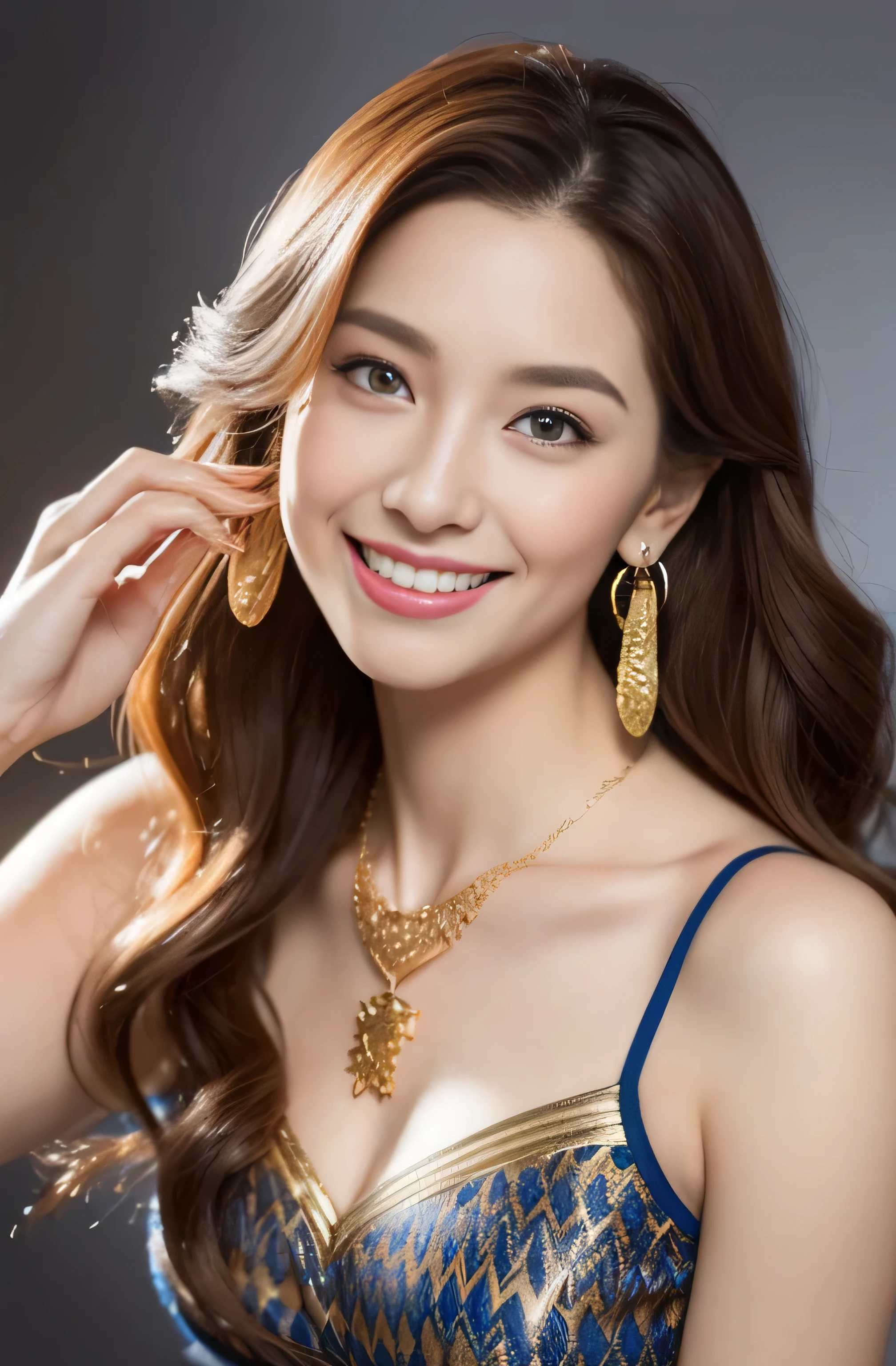 High quality finger, Normal hand, Finger details,masterpiece, (Realistic, photo-Realistic:1.37), (22-year-old female), league of legends katalina, Medium Chest, Small waist, Dark Redhead, blue eyes, Beautiful Face, Perfect lighting, Fine and beautiful eyes,Looking at the audience, Stunningly beautiful woman, Detailed hairstyle, Detailed Background,Shorts, Detailed fantasy backgrounds, (Sweat:1)、((Loosely inward wavy hair:1.2)),((Gold Necklace_Large earrings:1.2)),((Extra long brown hair:1.2))((A shy smile:1.3)),((Place your left hand gently on your chin,right hand holding chest:1.3)),((full figure supermodel standing, entire body in frame)) ((wearing intricately patterned shirt mini dress)),((From an oblique angle above:1.5)),