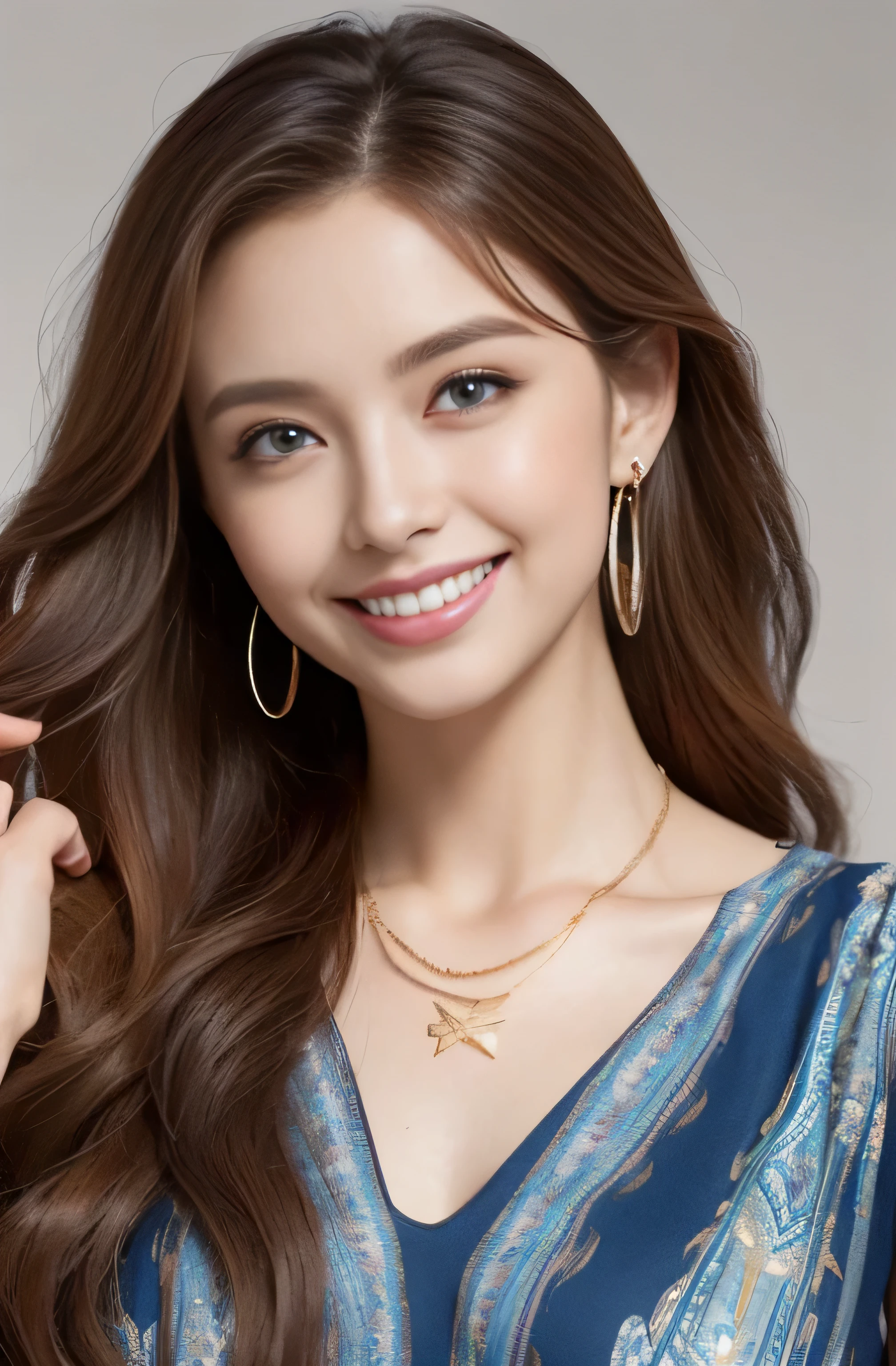High quality finger, Normal hand, Finger details,masterpiece, (Realistic, photo-Realistic:1.37), (22-year-old female), league of legends katalina, Medium Chest, Small waist, Dark Redhead, blue eyes, Beautiful Face, Perfect lighting, Fine and beautiful eyes,Looking at the audience, Stunningly beautiful woman, Detailed hairstyle, Detailed Background,Shorts, Detailed fantasy backgrounds, (Sweat:1)、((Loosely inward wavy hair:1.2)),((Gold Necklace_Large earrings:1.2)),((Extra long brown hair:1.2))((A shy smile:1.3)),((Place your left hand gently on your chin,right hand holding chest:1.3)),((full figure supermodel standing, entire body in frame)) ((wearing intricately patterned shirt mini dress)),((From an oblique angle above:1.5)),