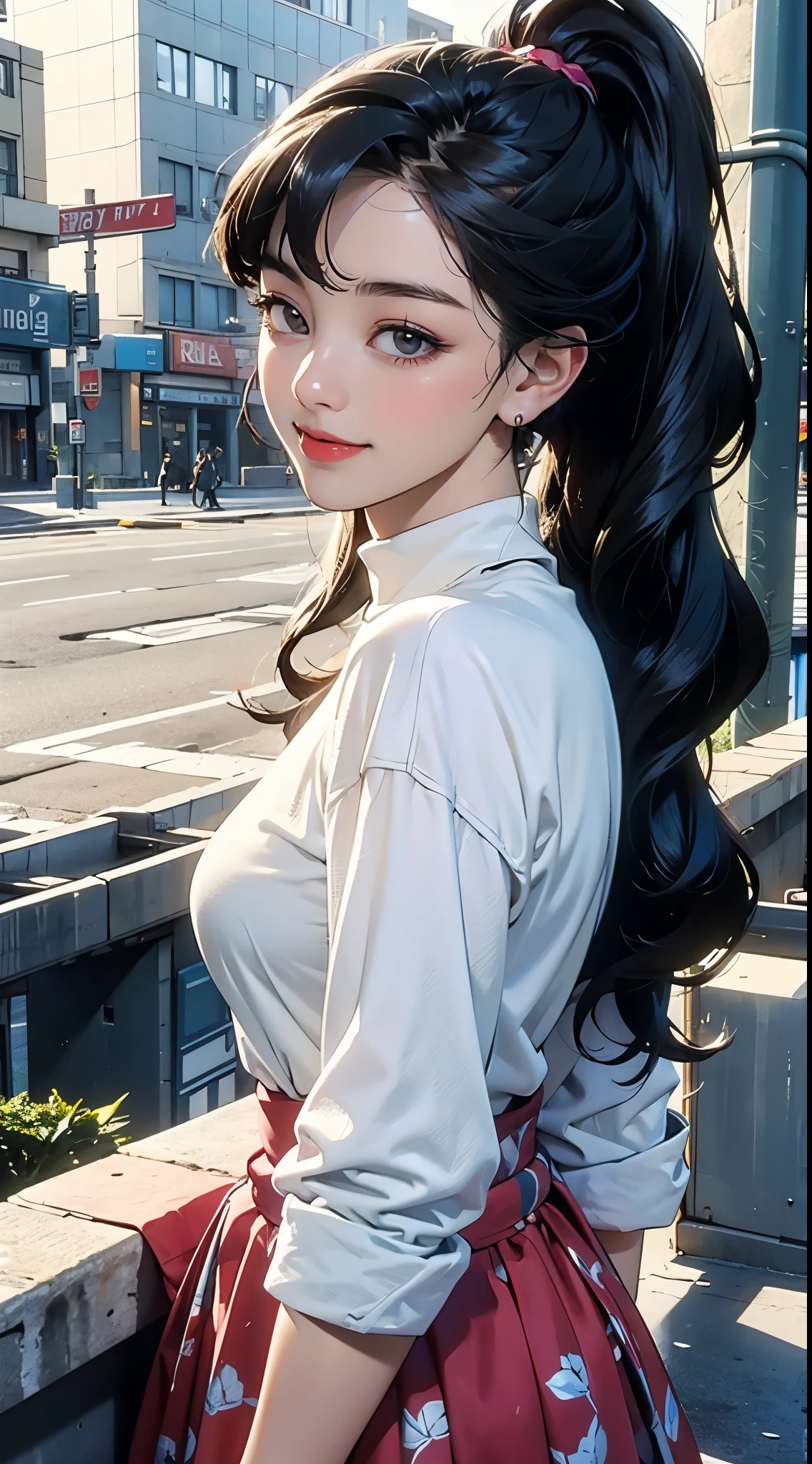 Oil painting, large brushstrokes, (masterpiece, best quality), beautiful woman, printed cropped turtleneck shirt, skirt, dark wavy hair, ponytail, asymmetrical bangs, perfect face, beautiful face, alluring, big gorgeous eyes, sexy happy smile, perfect slim fit body, city streets, (outdoor), seoul, bright colors, (risograph), inspired by smeglejj