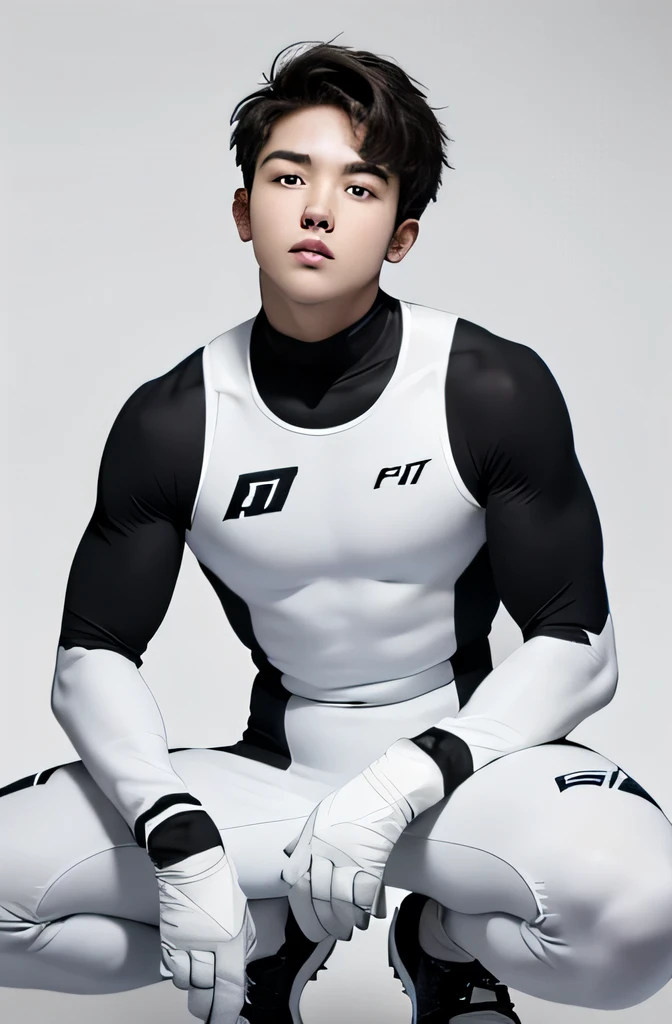 male　Handsome 18-year-old boy with a baby face　Short cropped hair　looking at the camera　no background　Background is white 　White compression suit　Full body portrait　Monochrome　Crouching　Looking up from the feet