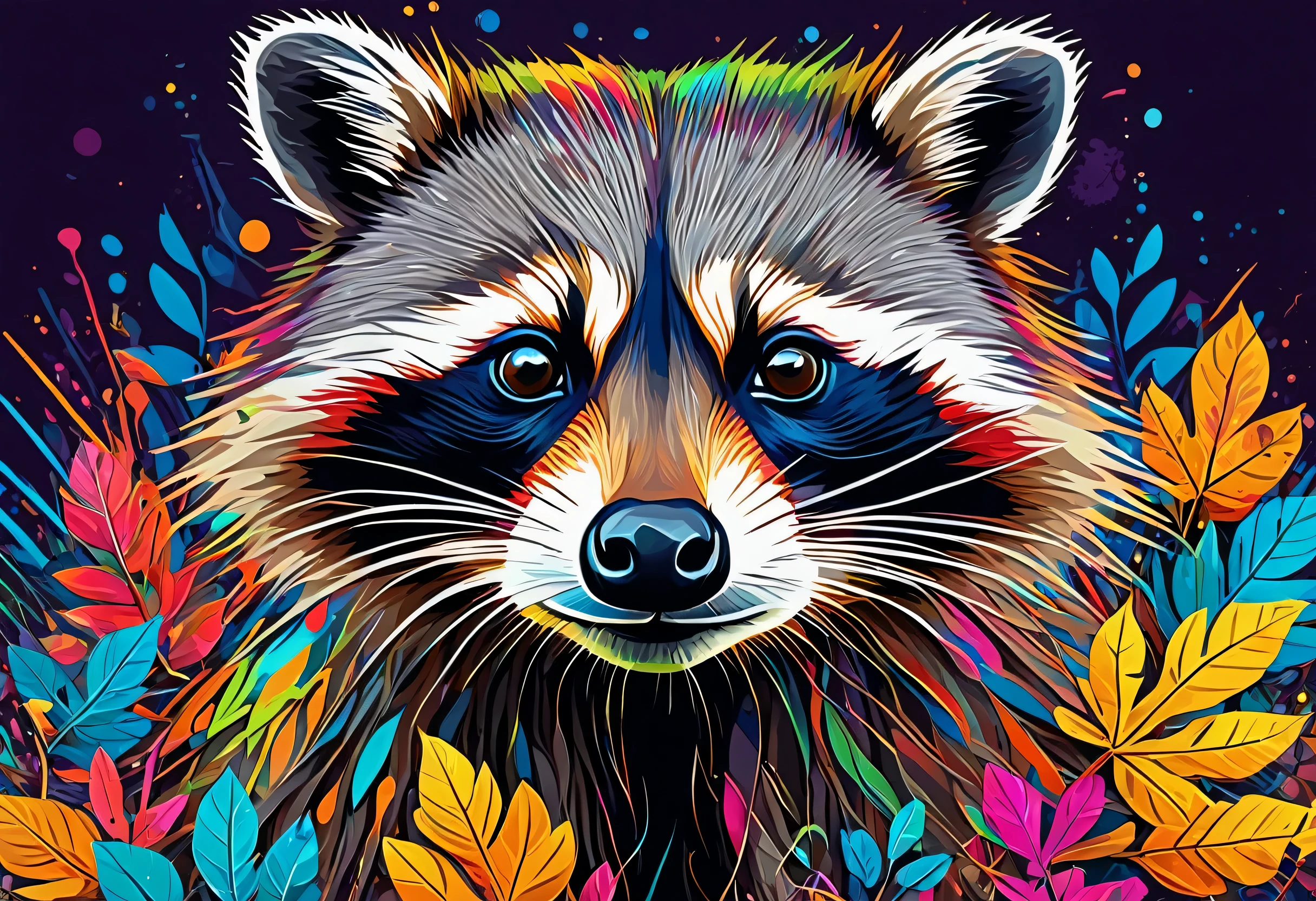 A Raccoon with colorful paint on its face and leaves, vector art:Zahari Zograf, Trending on Pexels, psychedelic art, Rich in color and detail, A complex and colorful masterpiece, art:Alessandro Pautasso, very complex and colorful, colorful hd images, A colorful and intricate masterpiece, High quality HD digital art, great digital art, very colorful