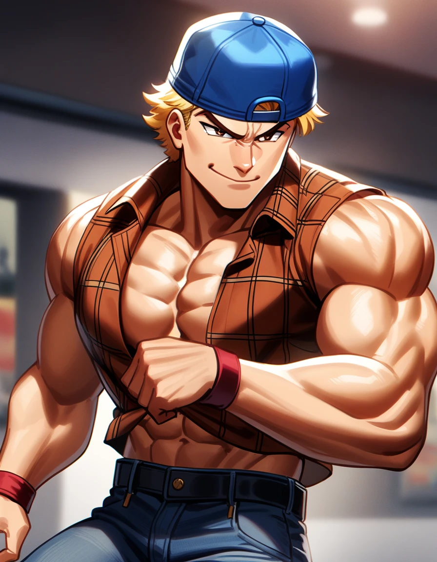 1guy, middle musclar, solo, blond, backwards hat, open shirt, cropped shirt, red collared shirt, sleeveless shirt, brown plaid shirt, abs, blue baseball cap, jeans, red wristbands, very short hair, thick abs, upper legs, masculine, handsome, hero in fighting game, >:>, smug, [[[cinematic lighting, cinematic shadow]]], brown eyes, 1990s, VHS Quality