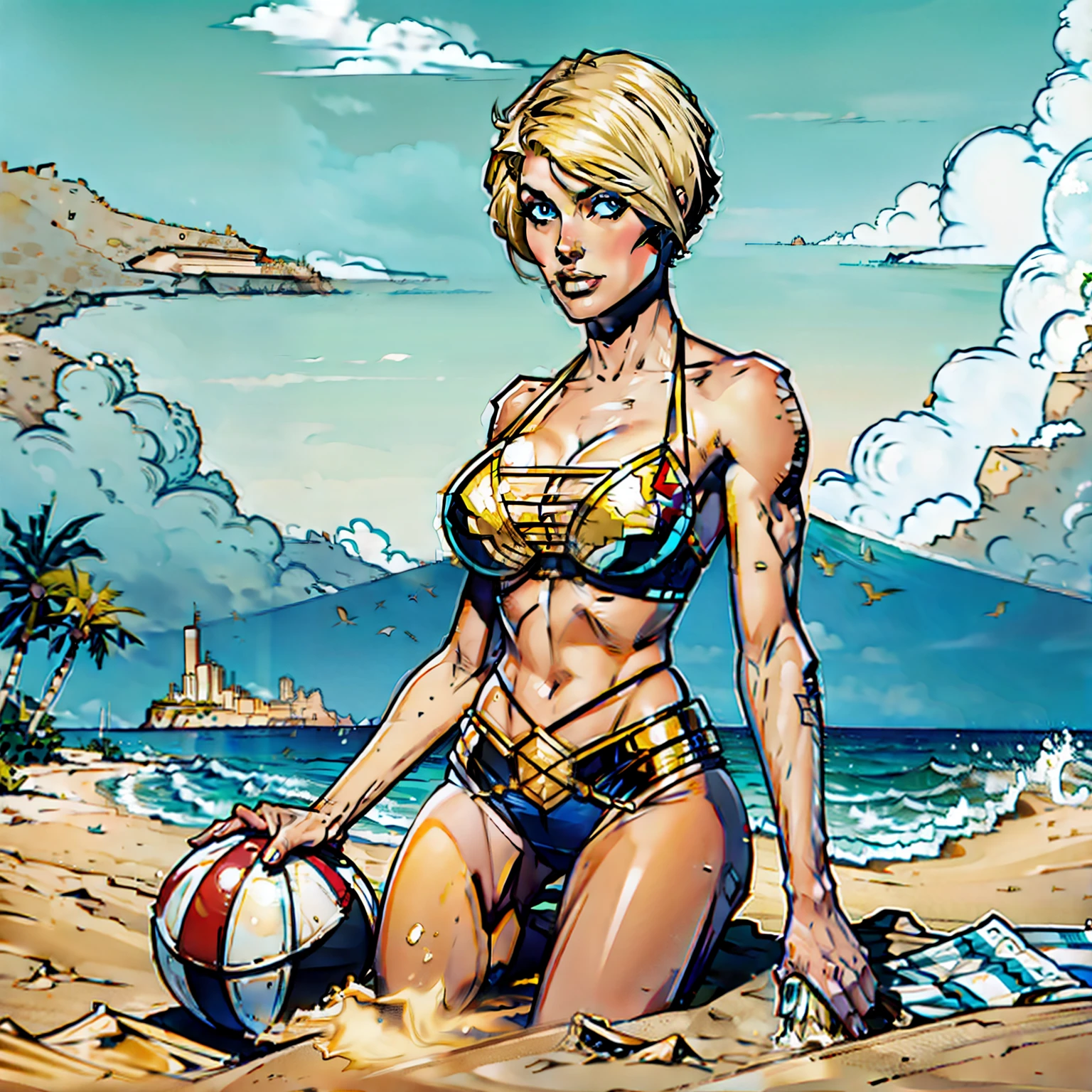 BLOND WOMAN HALF SHAVED HAIRCUT AT THE BEACH AT MAYAMI , WITH BIG , SITTING ON SAND , WEARING A BIKINI AND HOT PANTS
